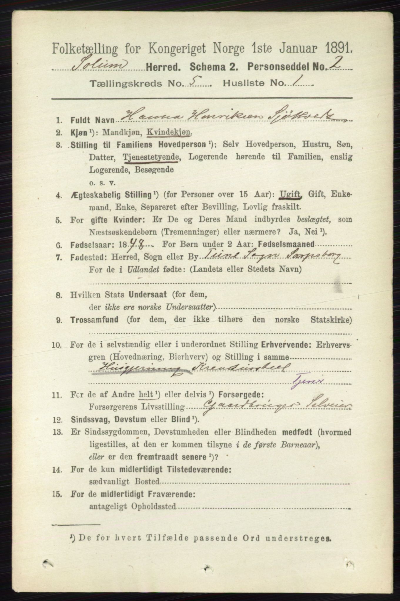 RA, 1891 census for 0818 Solum, 1891, p. 837