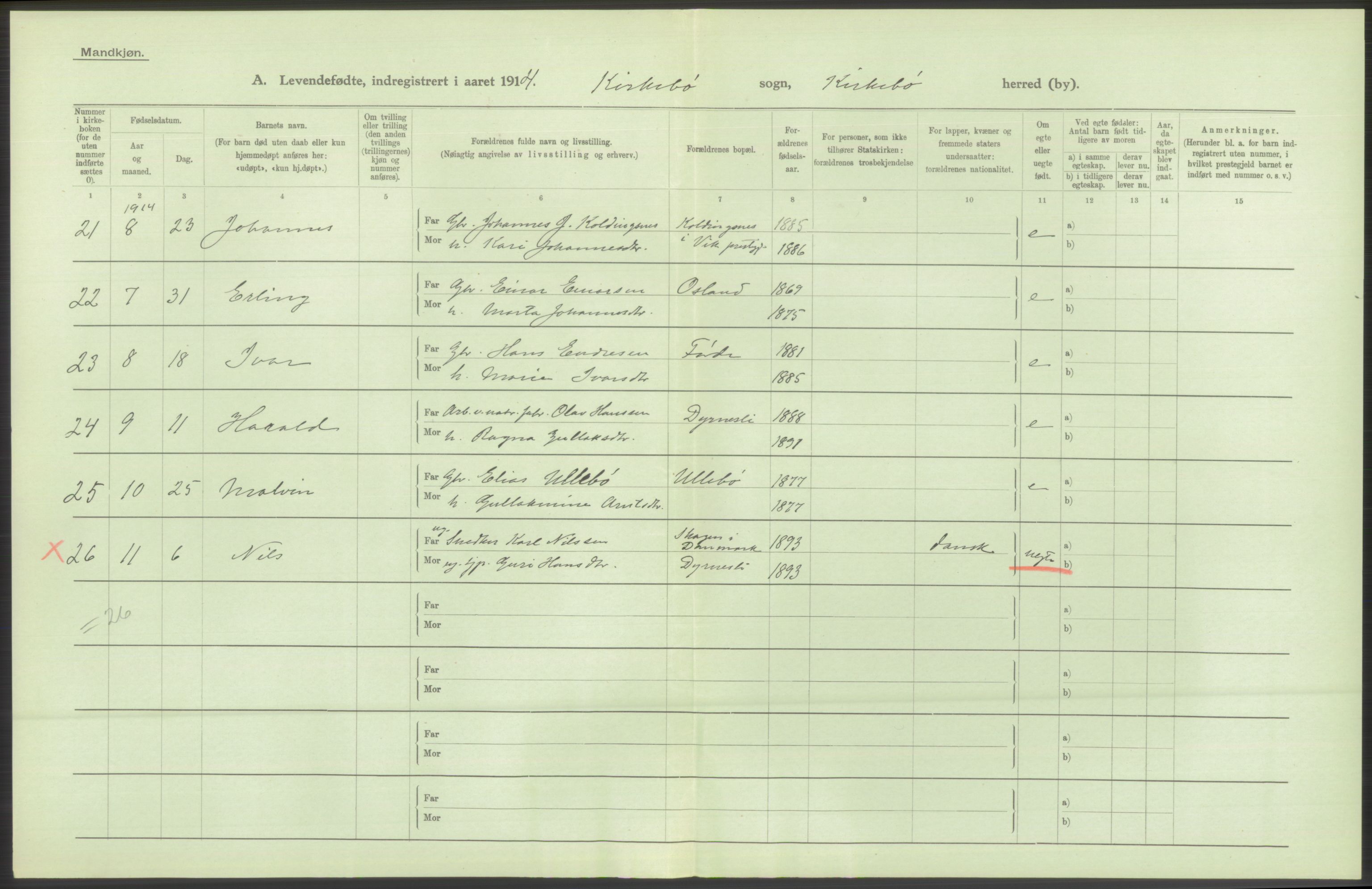 Statistisk sentralbyrå, Sosiodemografiske emner, Befolkning, AV/RA-S-2228/D/Df/Dfb/Dfbd/L0032: N. Bergenhus amt: Levendefødte menn og kvinner. Bygder., 1914, p. 8