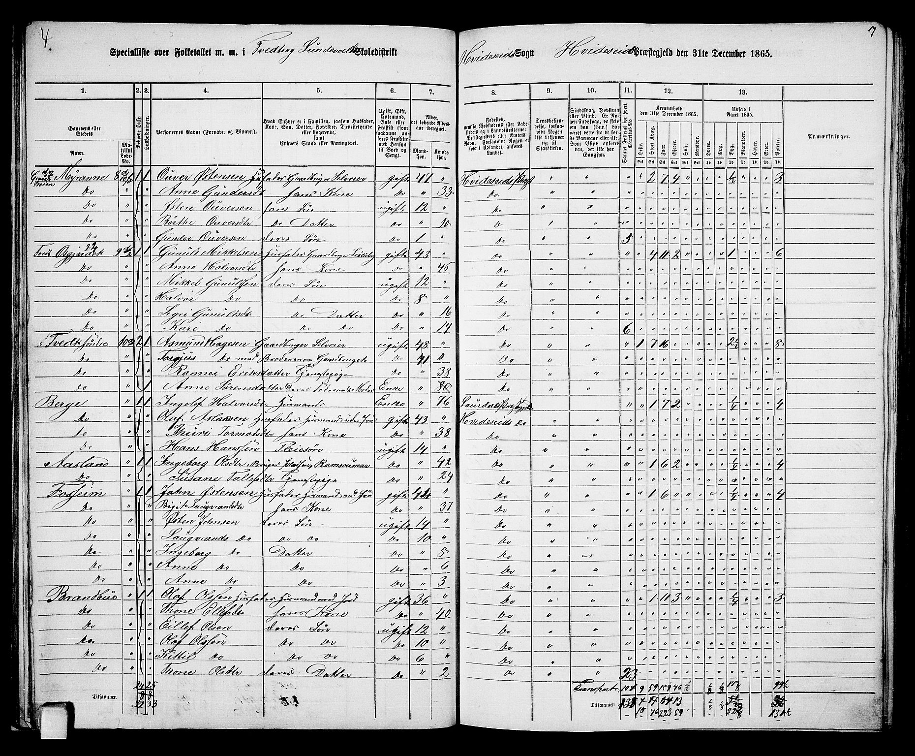 RA, 1865 census for Kviteseid, 1865, p. 31