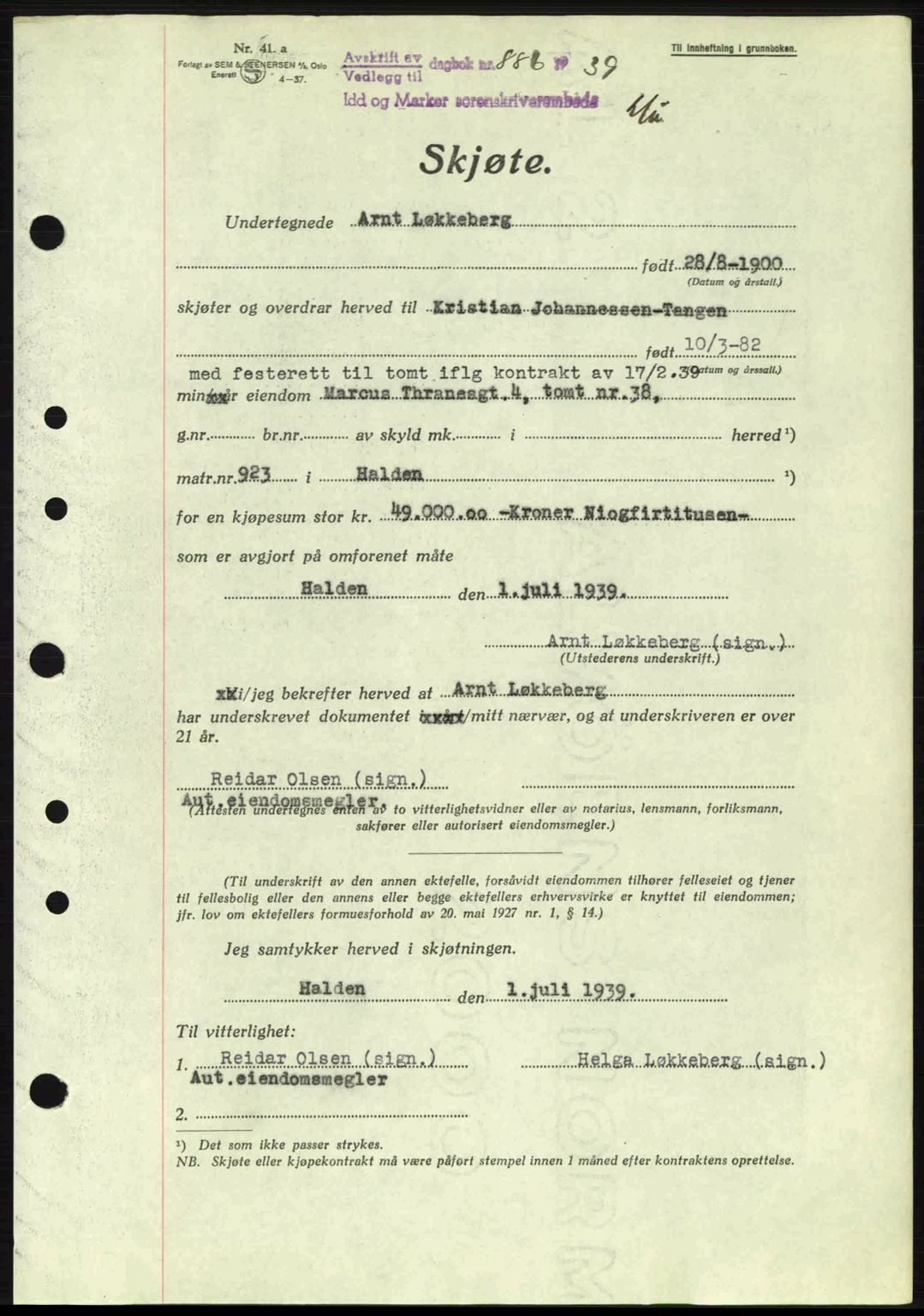 Idd og Marker sorenskriveri, AV/SAO-A-10283/G/Gb/Gbb/L0003: Mortgage book no. A3, 1938-1939, Diary no: : 886/1939