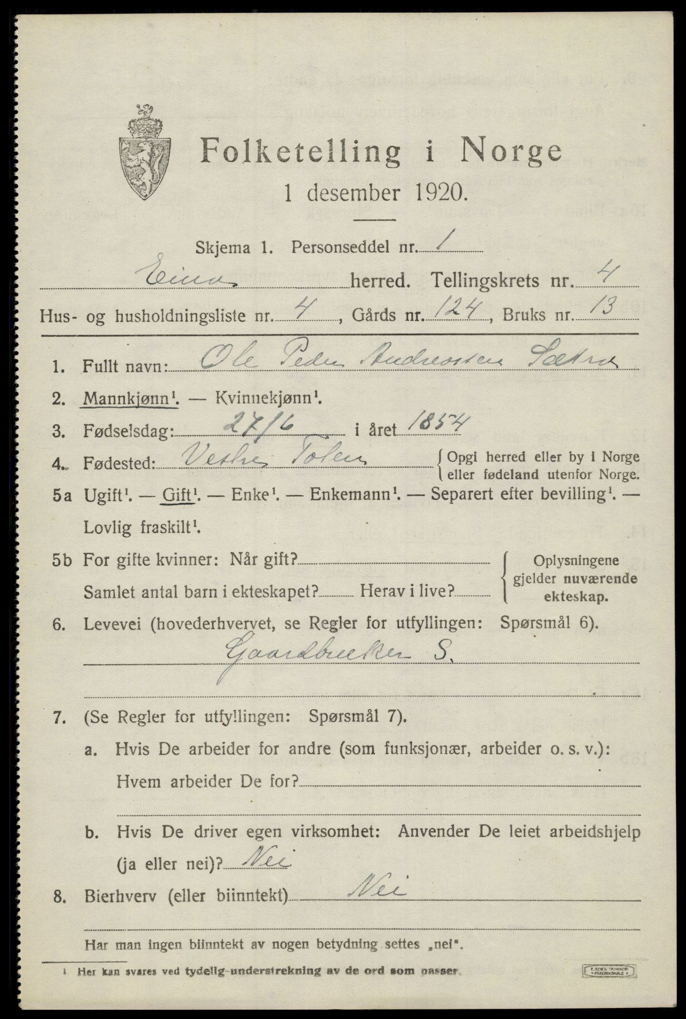 SAH, 1920 census for Eina, 1920, p. 2932