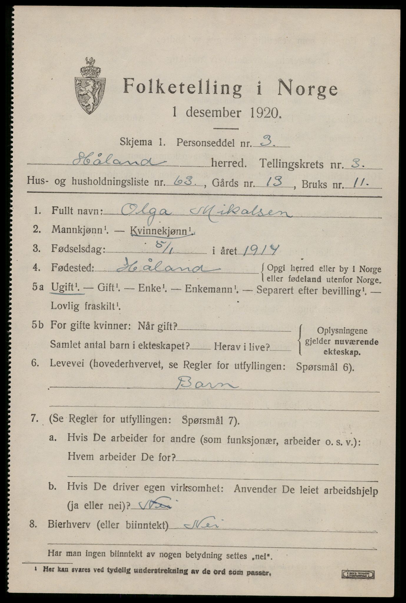 SAST, 1920 census for Håland, 1920, p. 3597