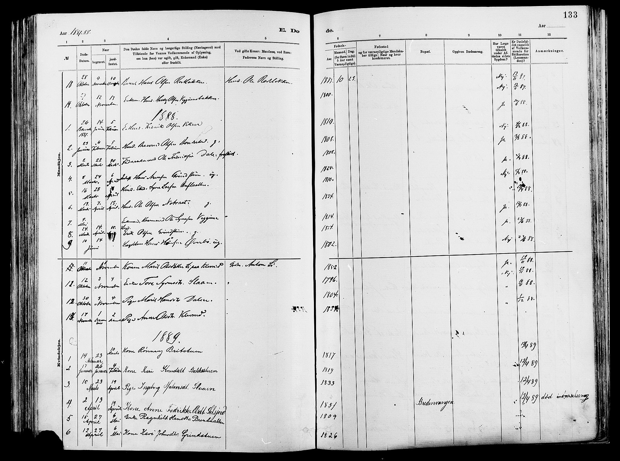 Vågå prestekontor, SAH/PREST-076/H/Ha/Haa/L0008: Parish register (official) no. 8, 1886-1904, p. 133