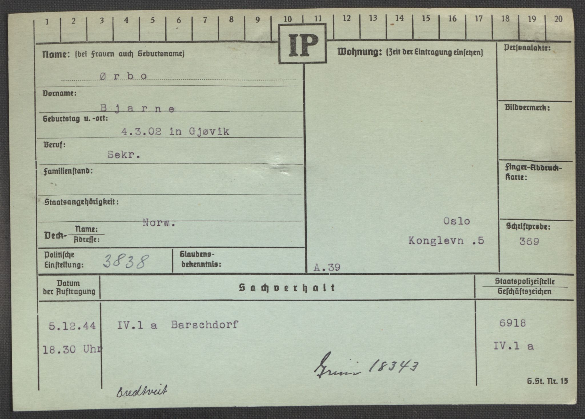 Befehlshaber der Sicherheitspolizei und des SD, RA/RAFA-5969/E/Ea/Eaa/L0010: Register over norske fanger i Møllergata 19: Sø-Å, 1940-1945, p. 1260