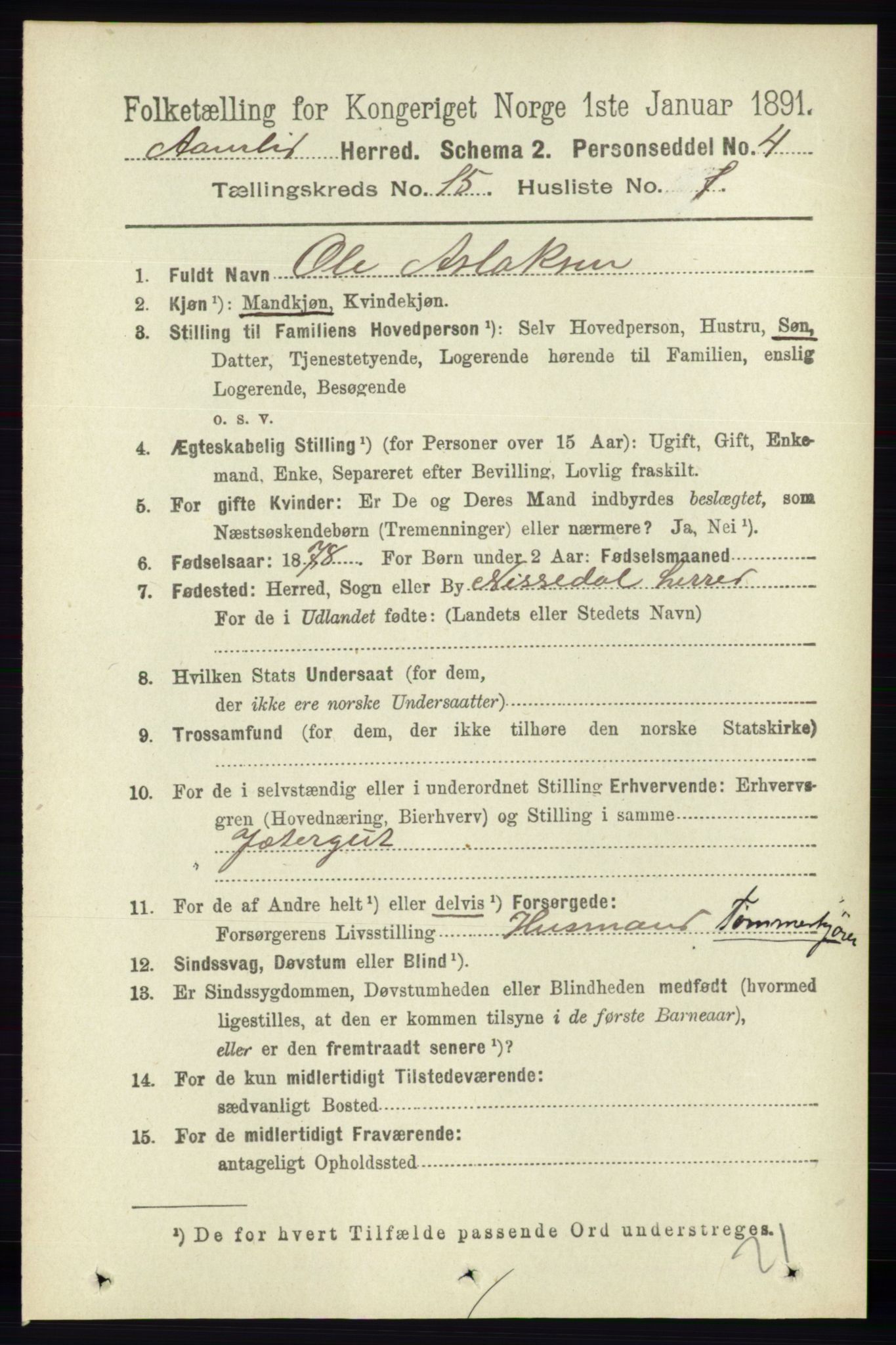 RA, 1891 census for 0929 Åmli, 1891, p. 2546