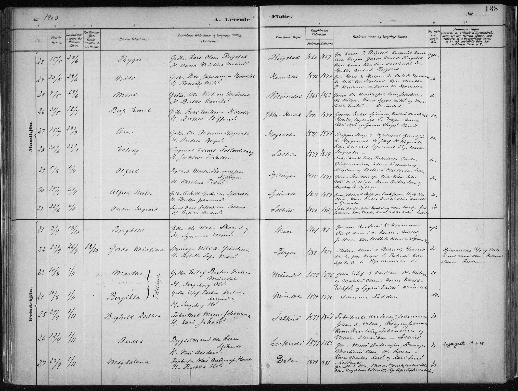 Hamre sokneprestembete, AV/SAB-A-75501/H/Ha/Haa/Haab/L0001: Parish register (official) no. B  1, 1882-1905, p. 138