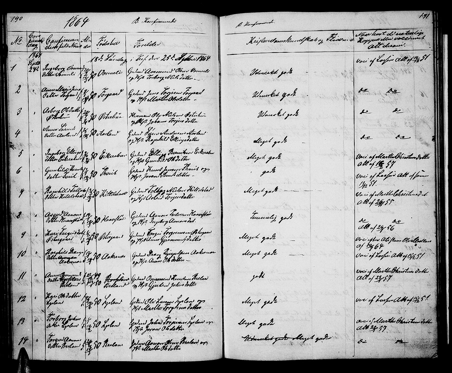 Åseral sokneprestkontor, SAK/1111-0051/F/Fb/L0001: Parish register (copy) no. B 1, 1856-1877, p. 190-191