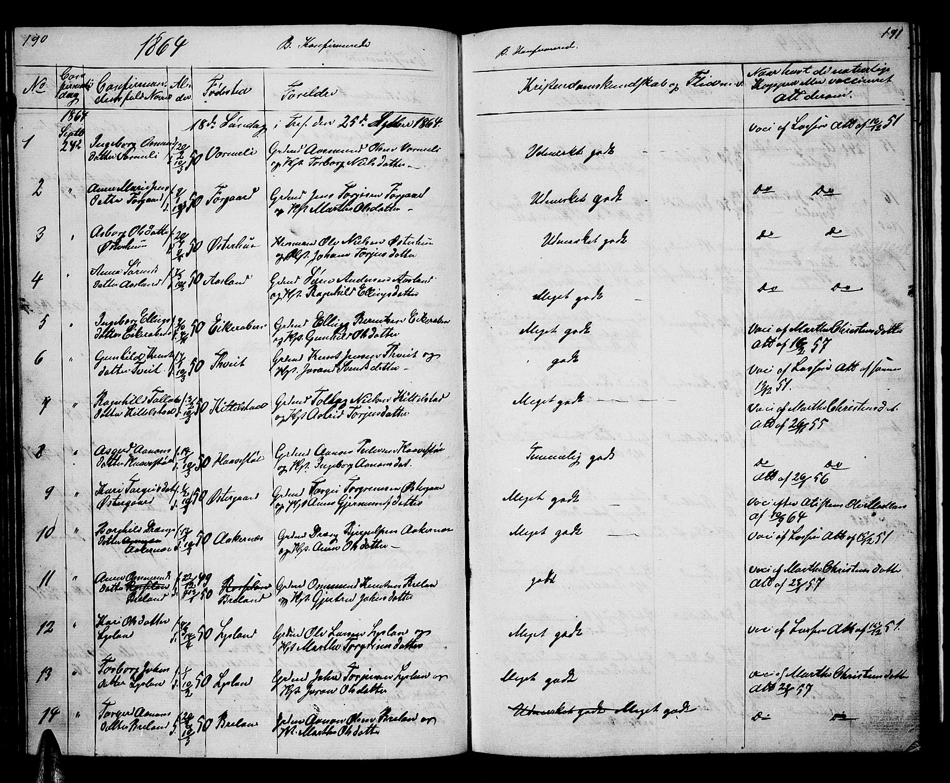 Åseral sokneprestkontor, AV/SAK-1111-0051/F/Fb/L0001: Parish register (copy) no. B 1, 1856-1877, p. 190-191