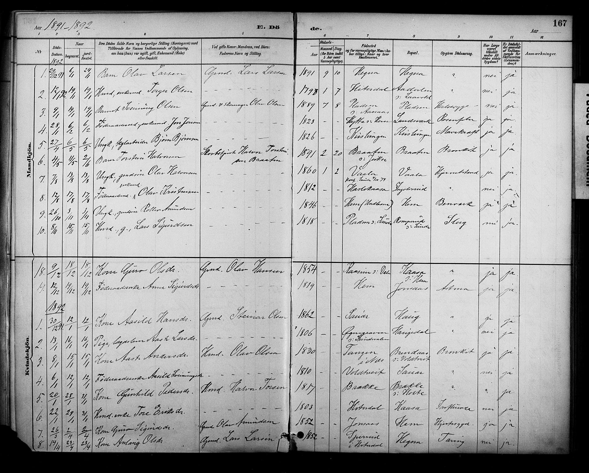 Sauherad kirkebøker, AV/SAKO-A-298/F/Fa/L0009: Parish register (official) no. I 9, 1887-1912, p. 167