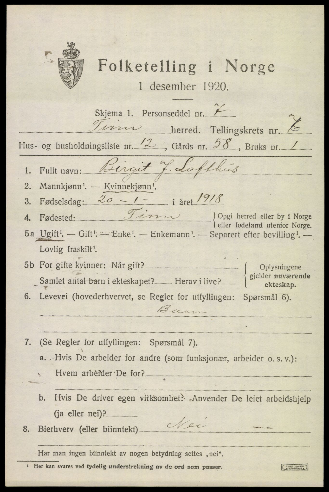 SAKO, 1920 census for Tinn, 1920, p. 4642