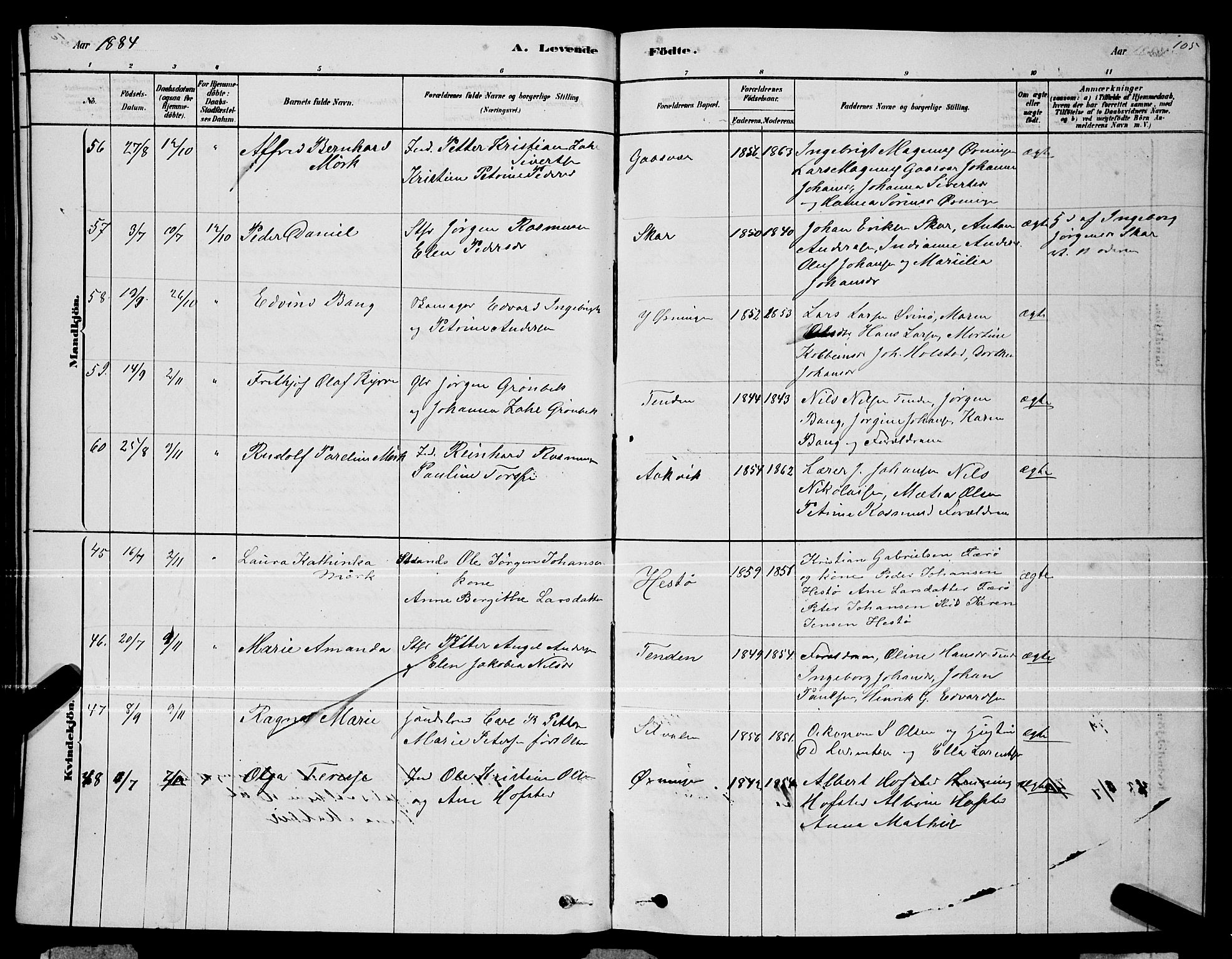 Ministerialprotokoller, klokkerbøker og fødselsregistre - Nordland, AV/SAT-A-1459/834/L0513: Parish register (copy) no. 834C04, 1877-1892, p. 105