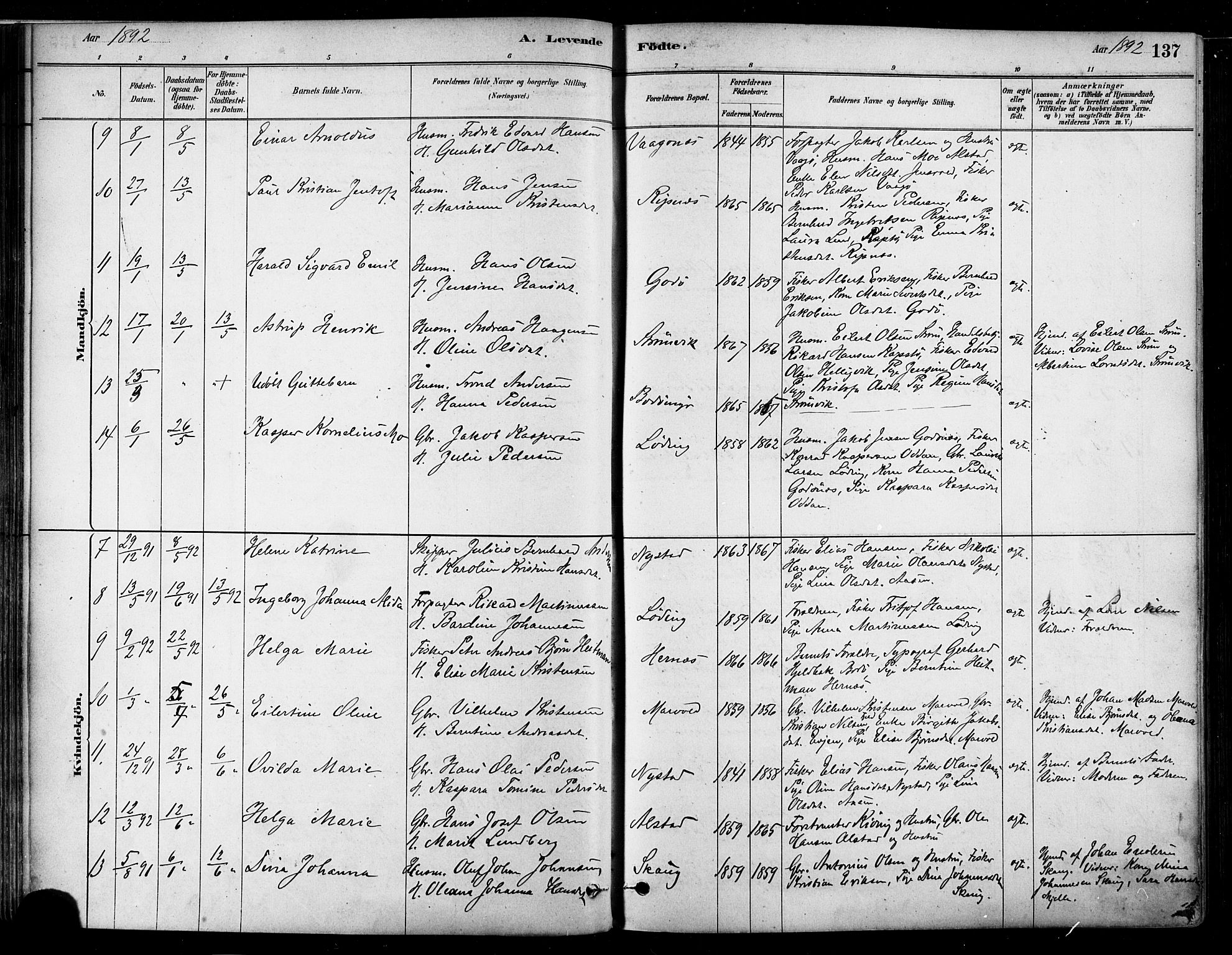 Ministerialprotokoller, klokkerbøker og fødselsregistre - Nordland, SAT/A-1459/802/L0054: Parish register (official) no. 802A01, 1879-1893, p. 137