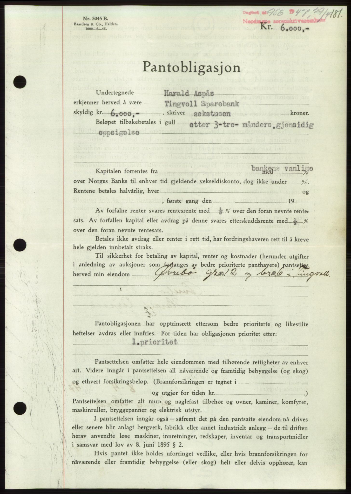 Nordmøre sorenskriveri, AV/SAT-A-4132/1/2/2Ca: Mortgage book no. B96, 1947-1947, Diary no: : 956/1947