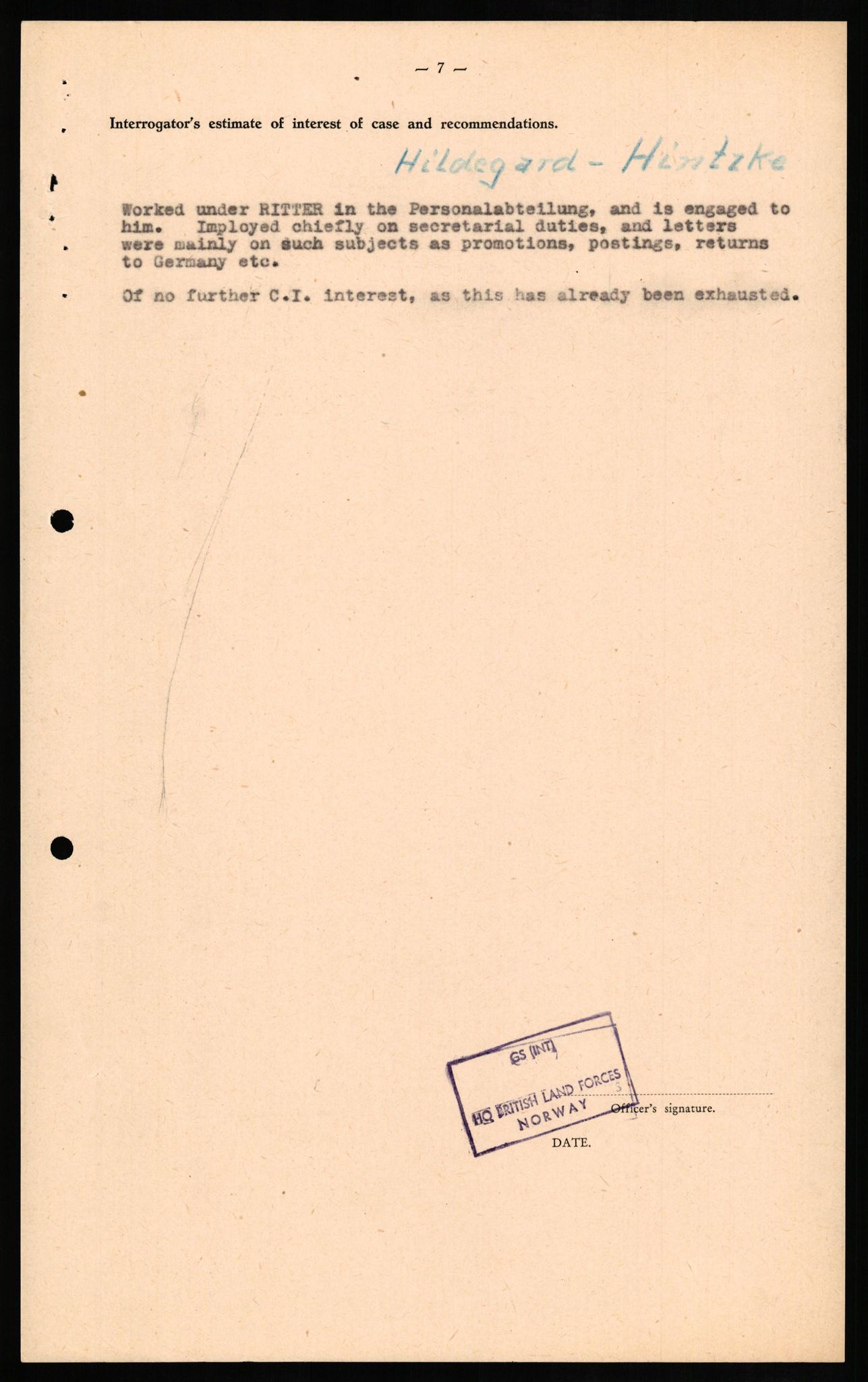 Forsvaret, Forsvarets overkommando II, AV/RA-RAFA-3915/D/Db/L0013: CI Questionaires. Tyske okkupasjonsstyrker i Norge. Tyskere., 1945-1946, p. 301