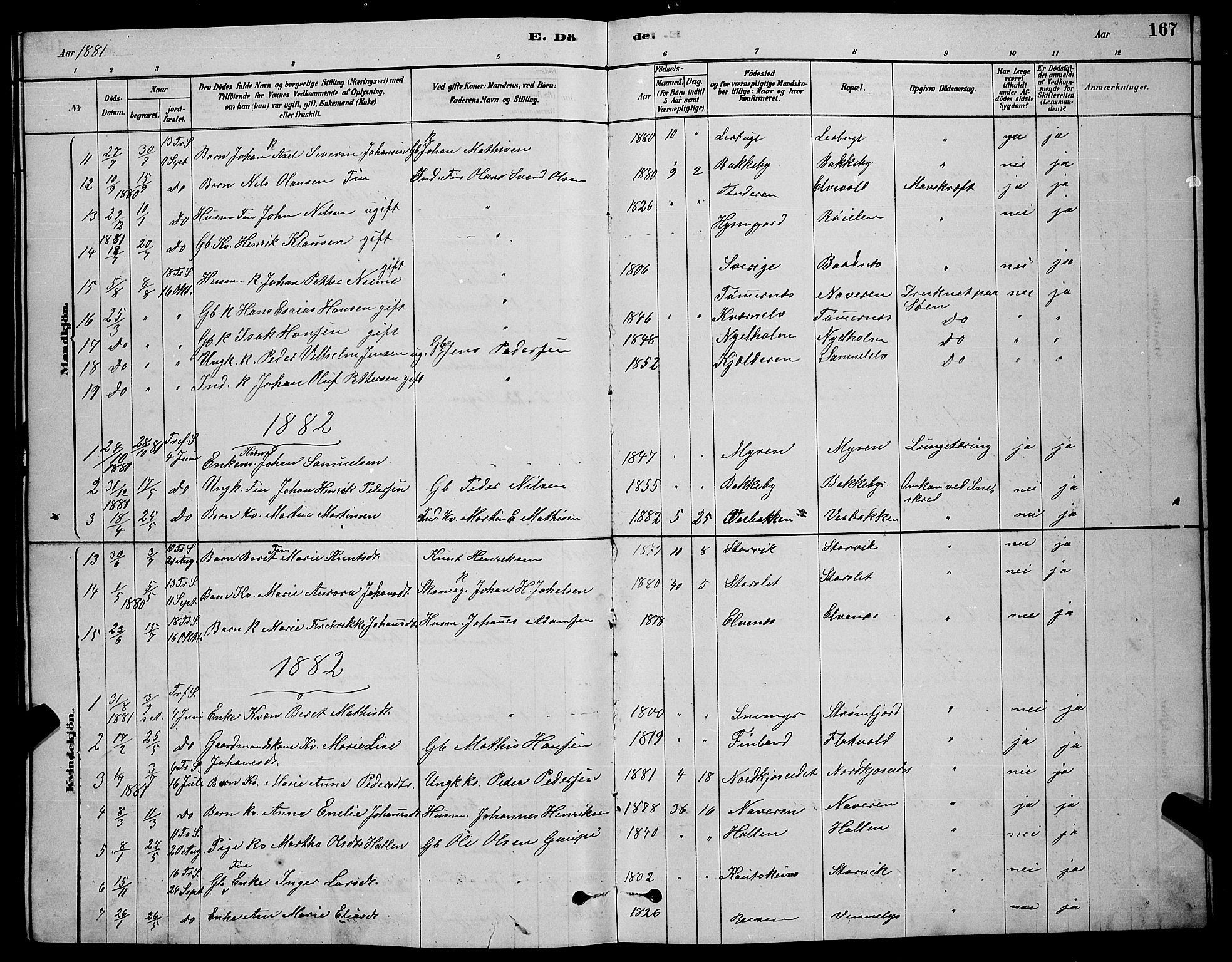 Skjervøy sokneprestkontor, AV/SATØ-S-1300/H/Ha/Hab/L0020klokker: Parish register (copy) no. 20, 1878-1892, p. 167