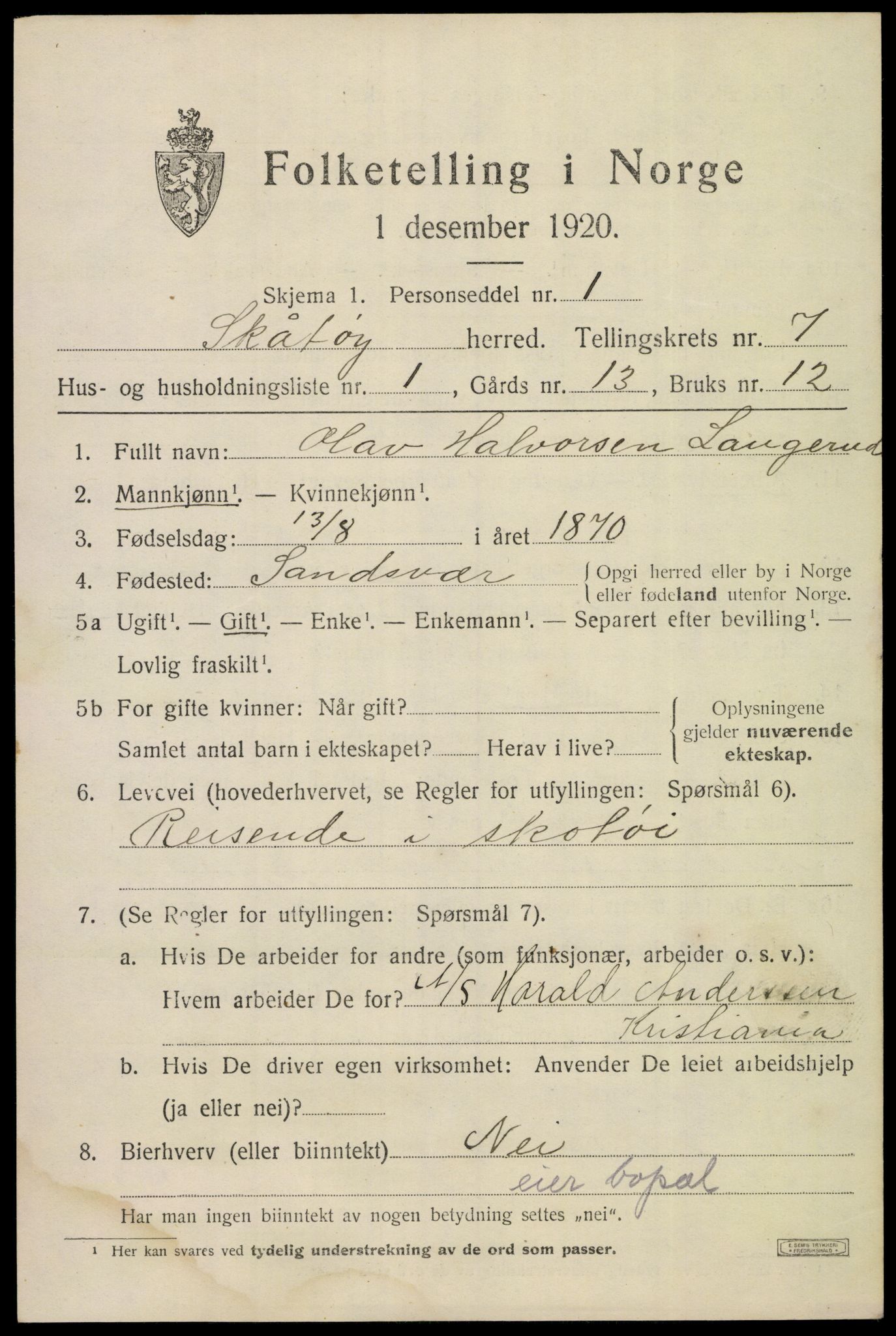 SAKO, 1920 census for Skåtøy, 1920, p. 5320