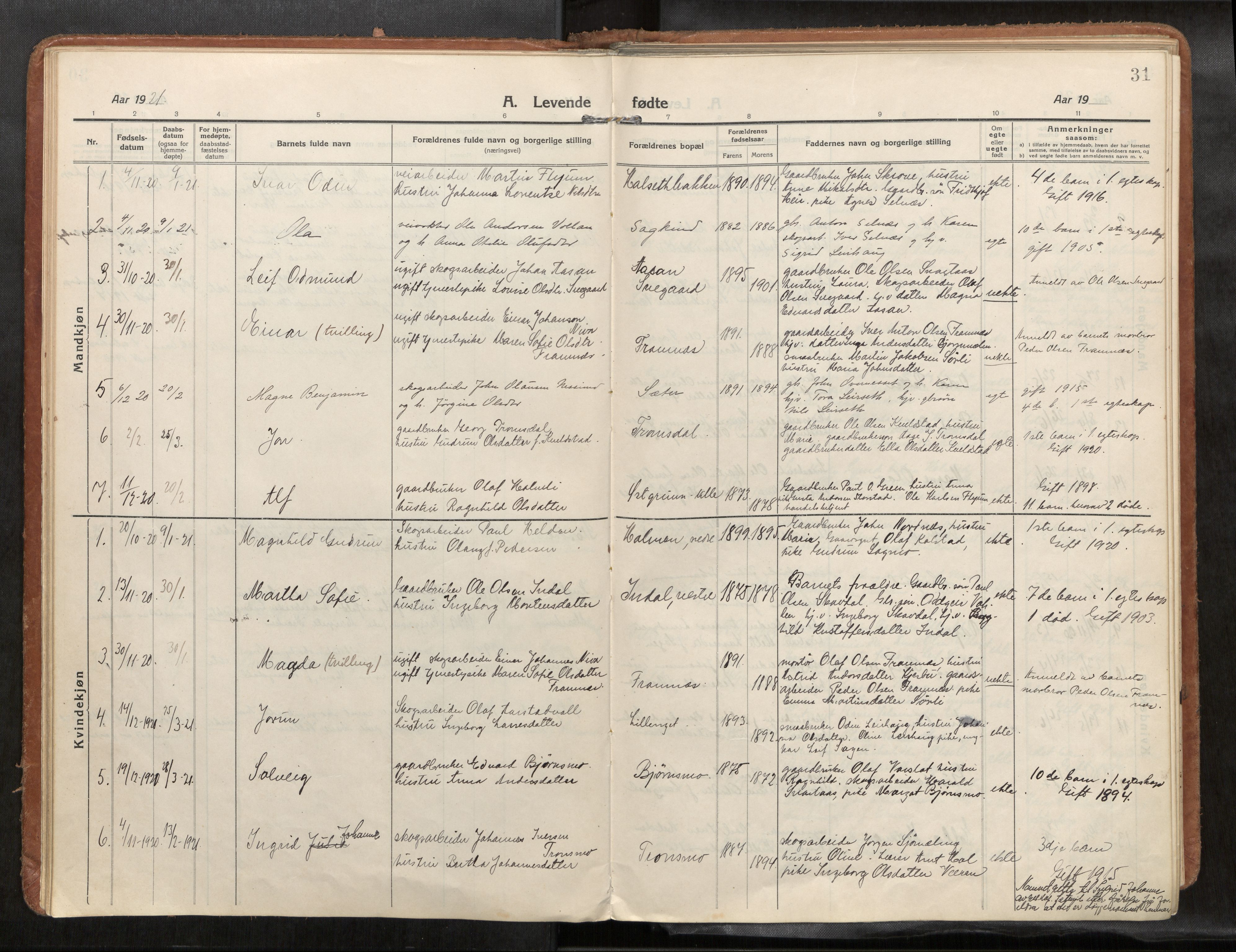 Verdal sokneprestkontor, SAT/A-1156/2/H/Haa/L0004: Parish register (official) no. 4, 1916-1928, p. 31