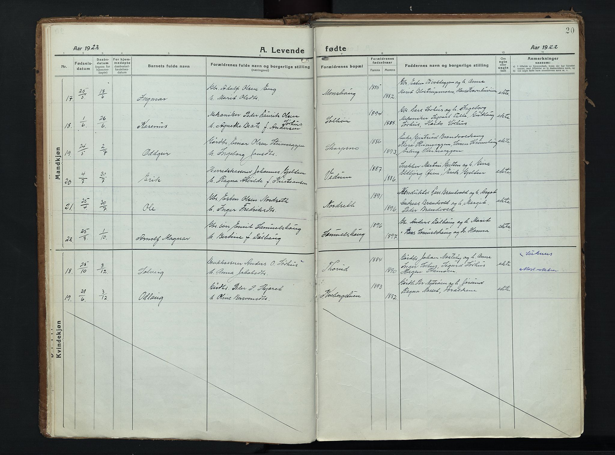 Alvdal prestekontor, AV/SAH-PREST-060/H/Ha/Haa/L0006: Parish register (official) no. 6, 1920-1937, p. 20