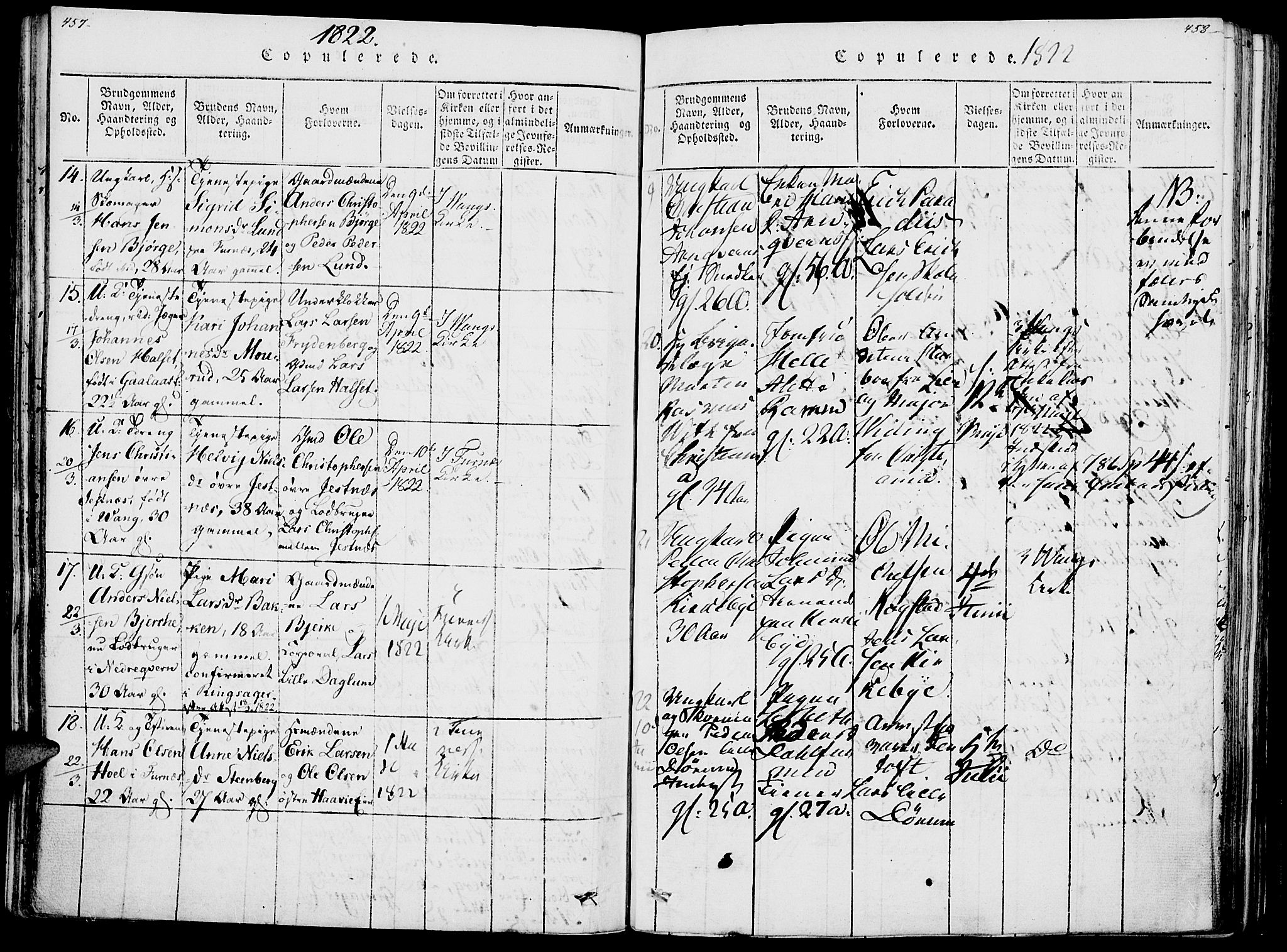 Vang prestekontor, Hedmark, AV/SAH-PREST-008/H/Ha/Haa/L0007: Parish register (official) no. 7, 1813-1826, p. 457-458