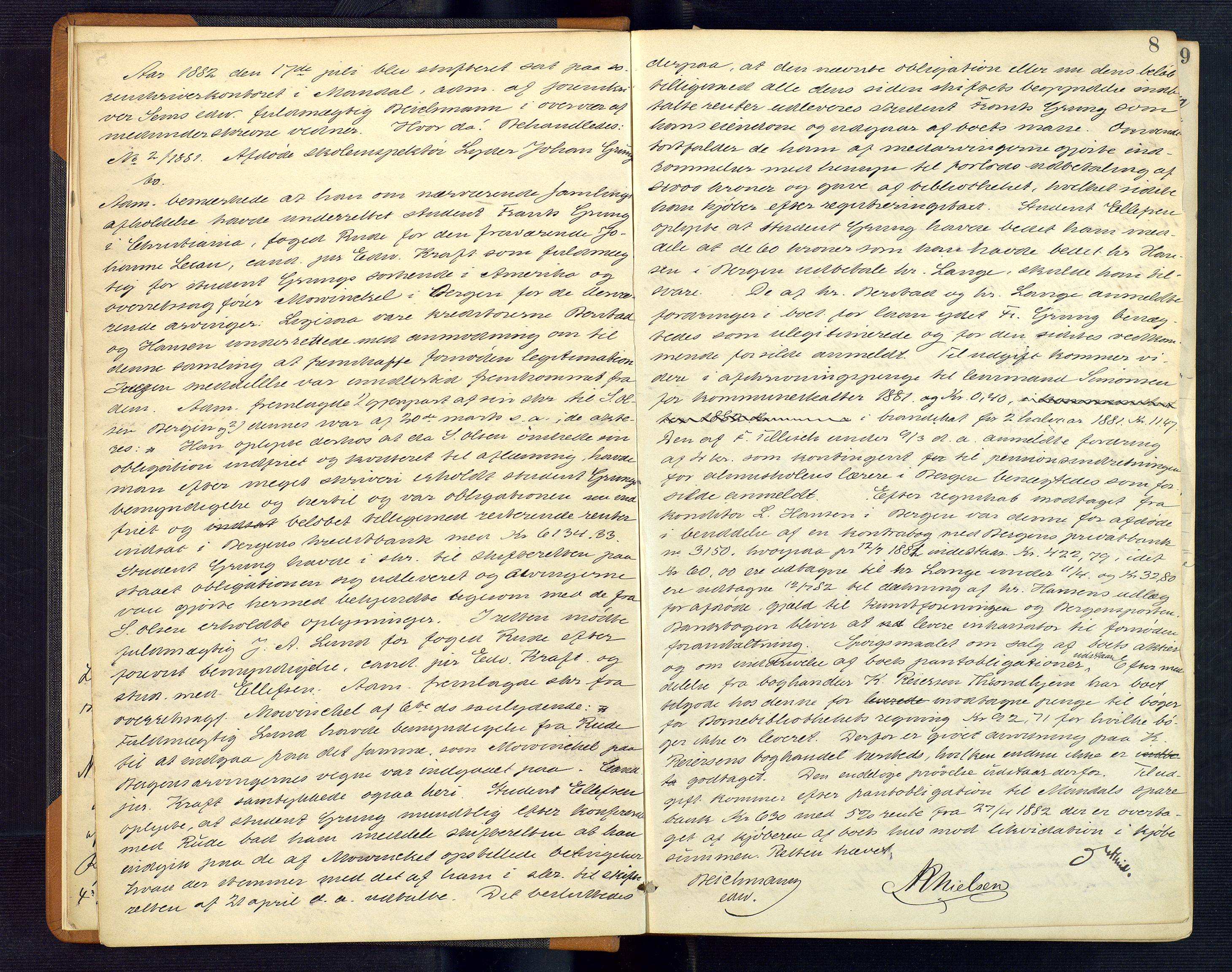 Mandal sorenskriveri, AV/SAK-1221-0005/001/H/Hc/L0074: Skifteforhandlingsprotokoll nr 6, 1882-1887, p. 8