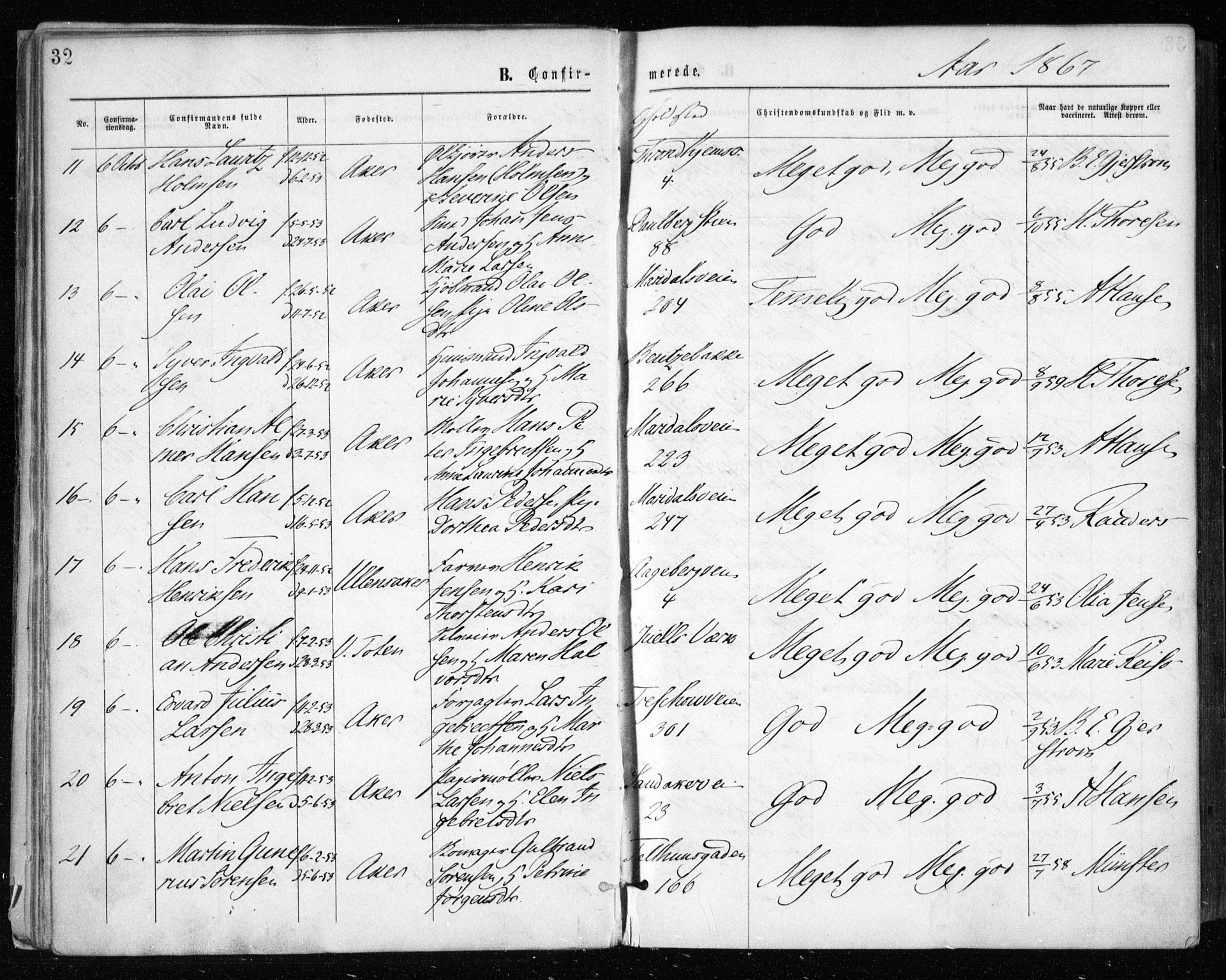 Gamle Aker prestekontor Kirkebøker, SAO/A-10617a/F/L0003: Parish register (official) no. 3, 1865-1873, p. 32