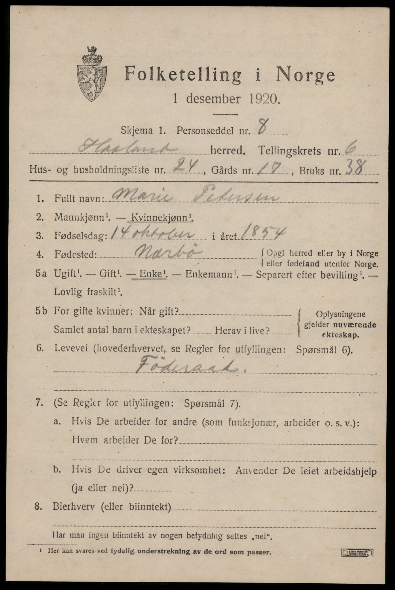 SAST, 1920 census for Håland, 1920, p. 5275