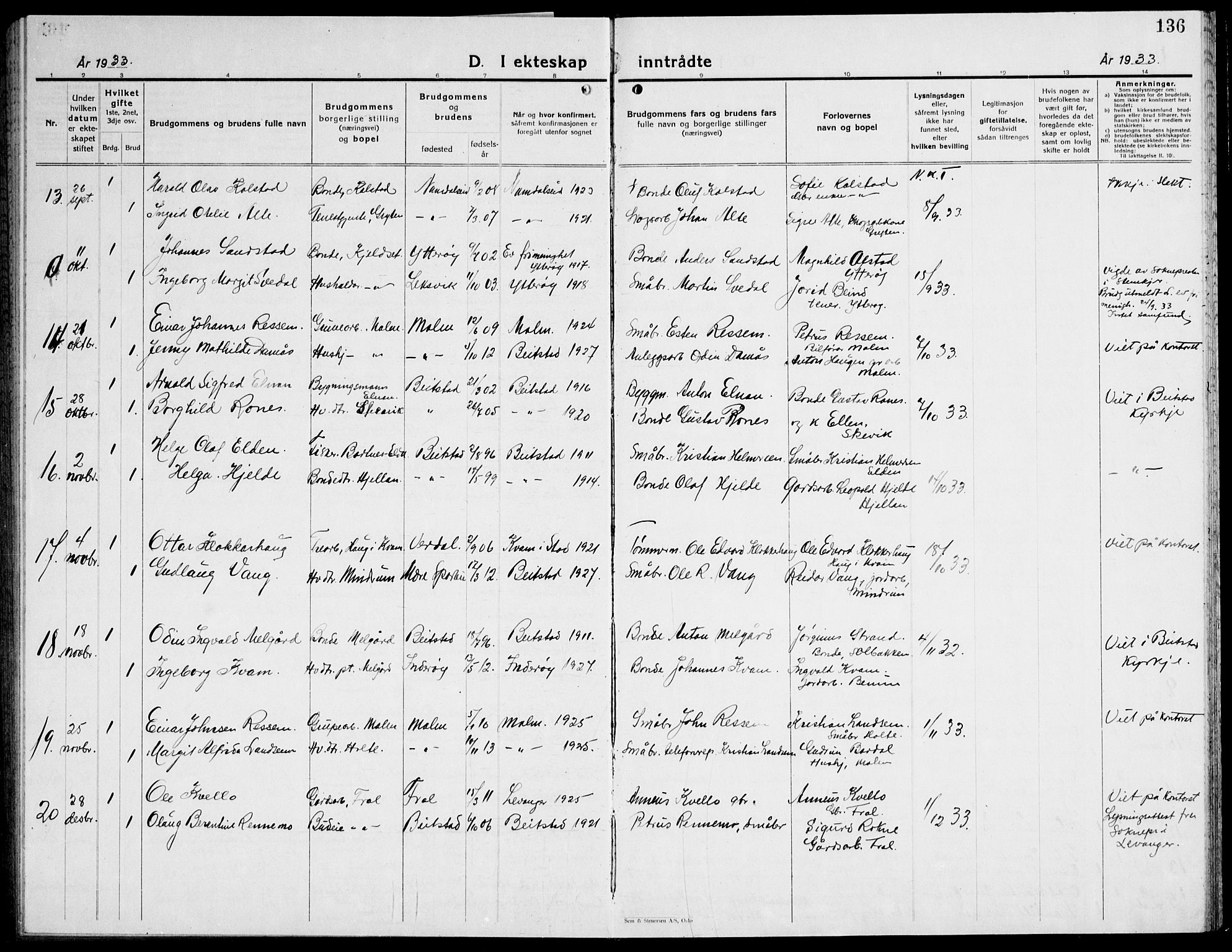 Ministerialprotokoller, klokkerbøker og fødselsregistre - Nord-Trøndelag, SAT/A-1458/741/L0403: Parish register (copy) no. 741C04, 1925-1944, p. 136