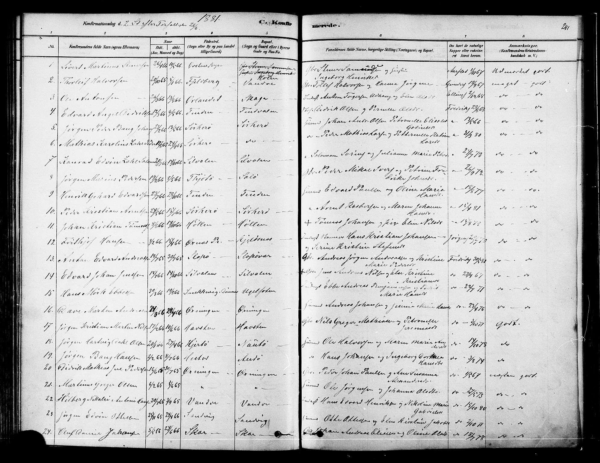 Ministerialprotokoller, klokkerbøker og fødselsregistre - Nordland, AV/SAT-A-1459/834/L0507: Parish register (official) no. 834A05, 1878-1892, p. 241