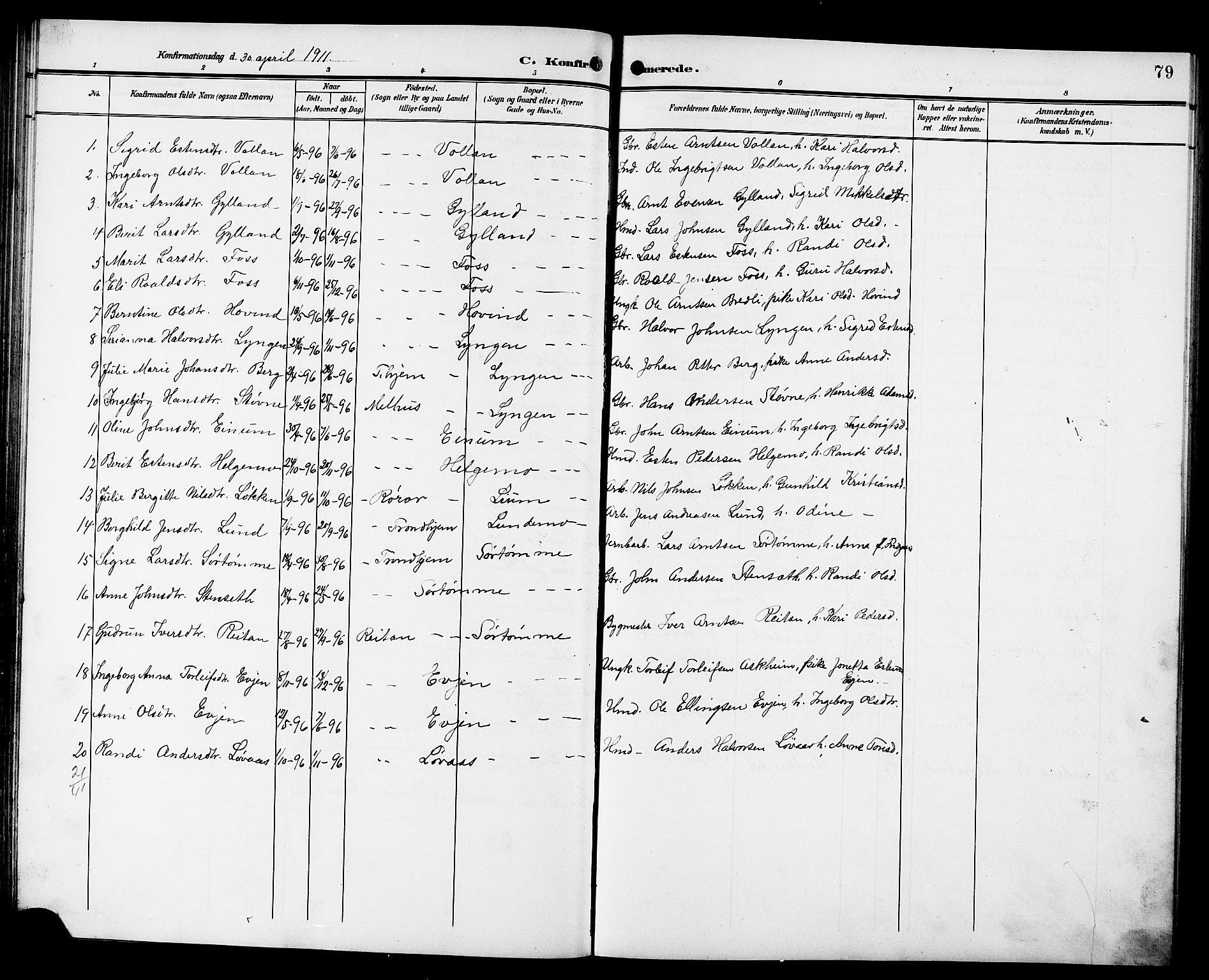 Ministerialprotokoller, klokkerbøker og fødselsregistre - Sør-Trøndelag, SAT/A-1456/692/L1112: Parish register (copy) no. 692C07, 1904-1918, p. 79
