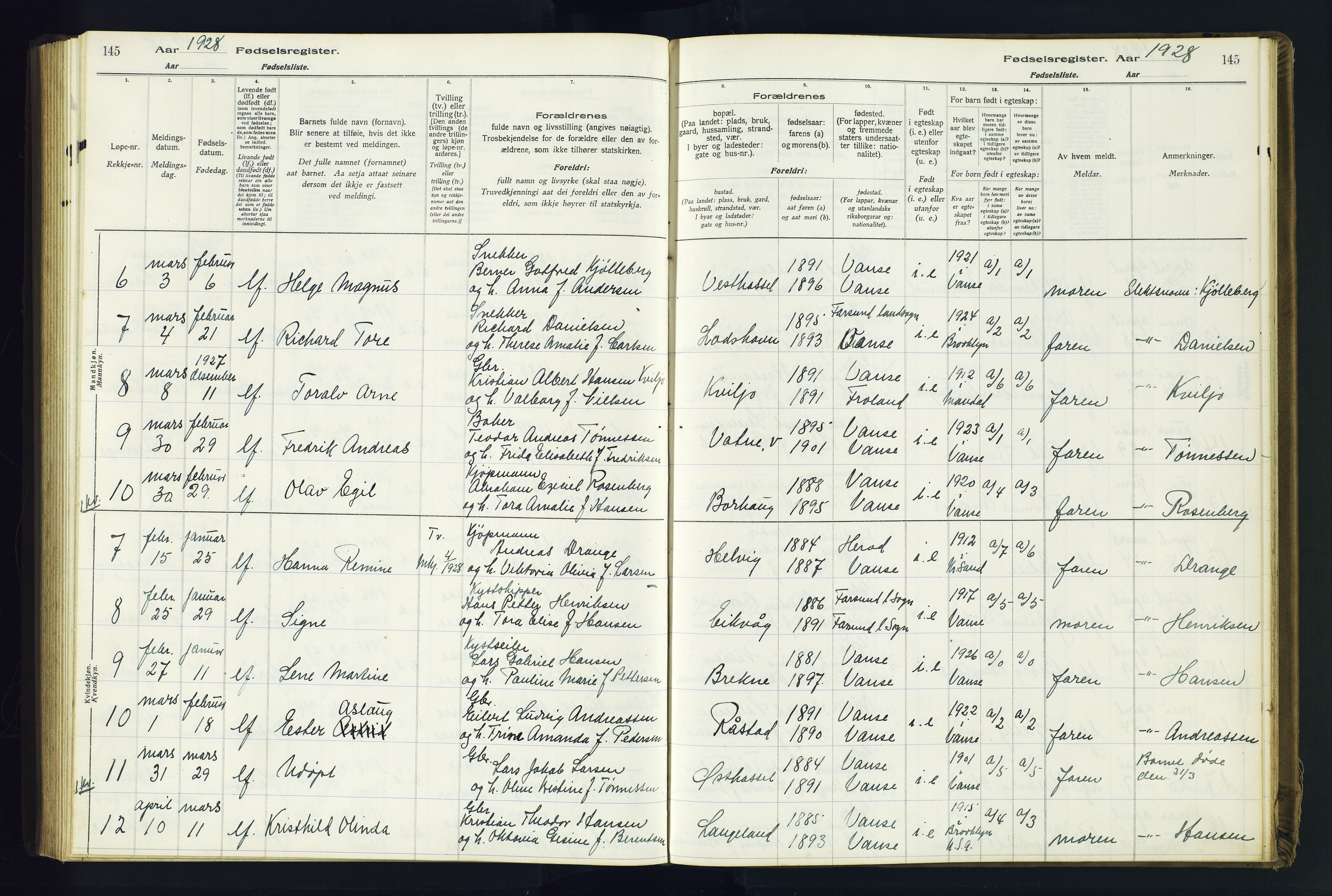 Lista sokneprestkontor, AV/SAK-1111-0027/J/Ja/L0001: Birth register no. A-VI-30, 1916-1934, p. 145