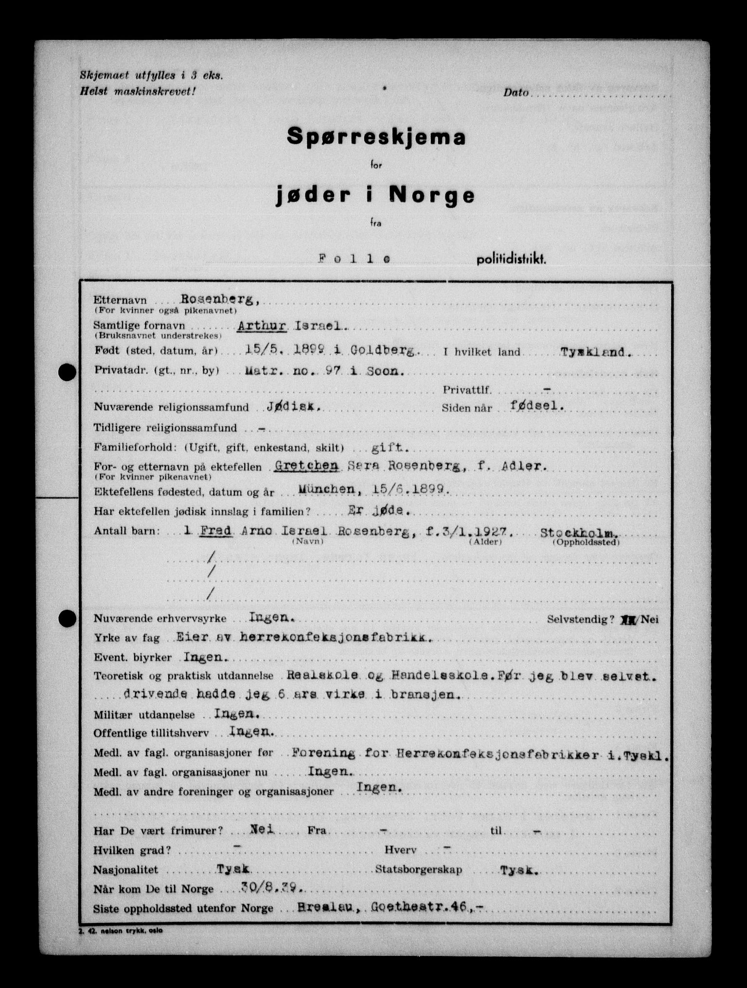 Statspolitiet - Hovedkontoret / Osloavdelingen, AV/RA-S-1329/G/Ga/L0012: Spørreskjema for jøder i Norge. 1: Aker 114- 207 (Levinson-Wozak) og 656 (Salomon). 2: Arendal-Hordaland. 3: Horten-Romerike.  , 1942, p. 466