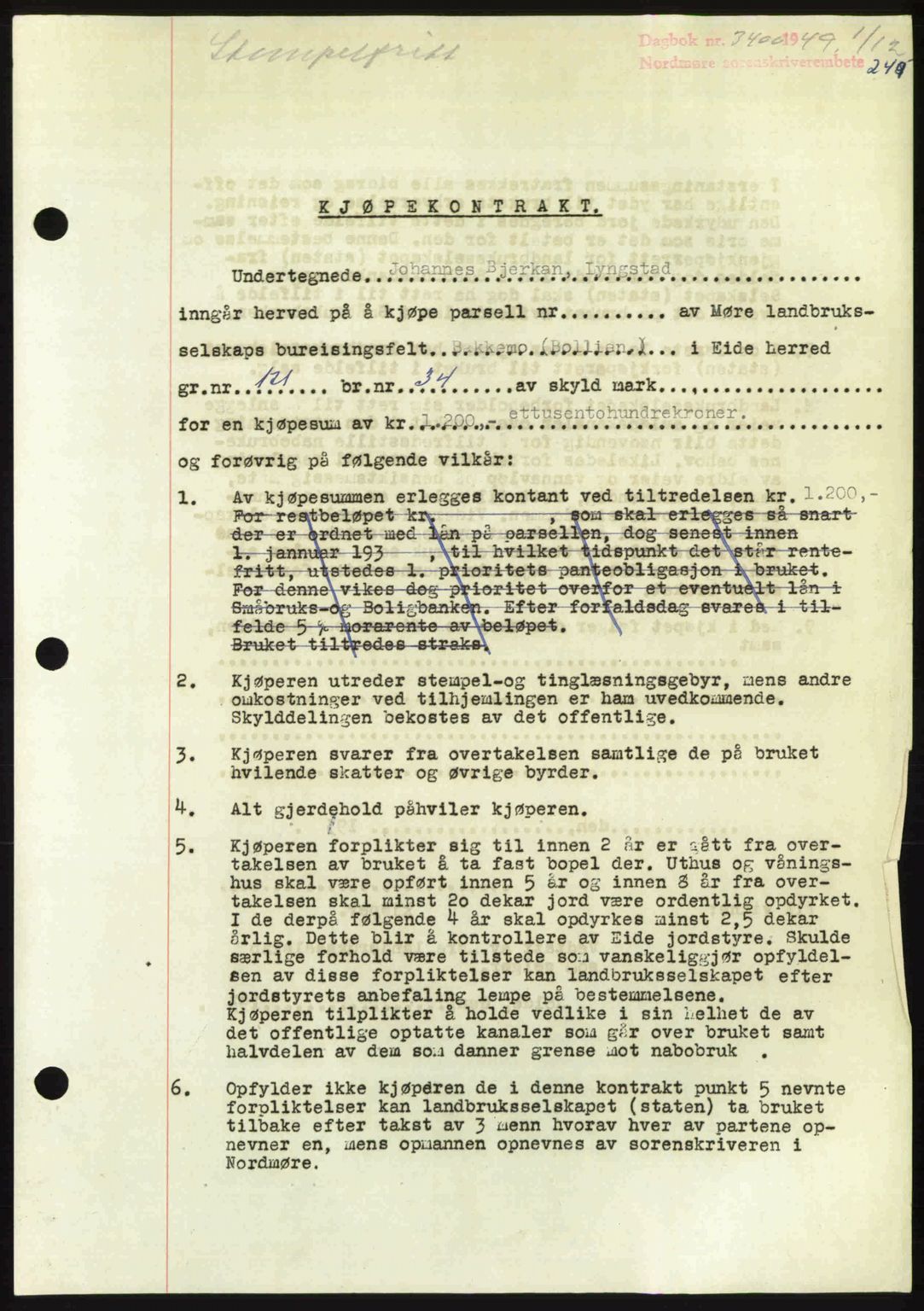 Nordmøre sorenskriveri, AV/SAT-A-4132/1/2/2Ca: Mortgage book no. A113, 1949-1950, Diary no: : 3400/1949