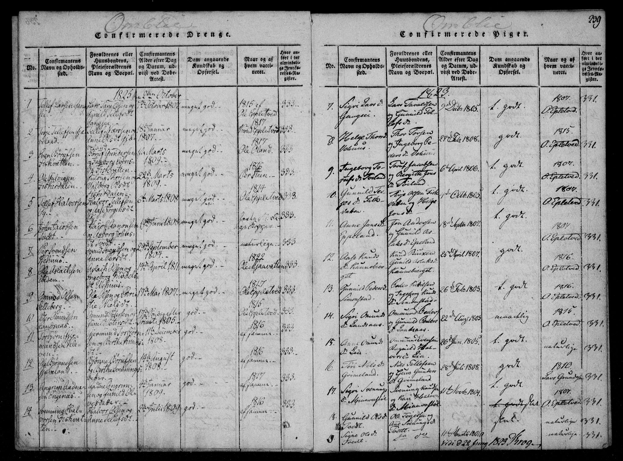 Åmli sokneprestkontor, SAK/1111-0050/F/Fa/Fac/L0006: Parish register (official) no. A 6, 1816-1829, p. 239