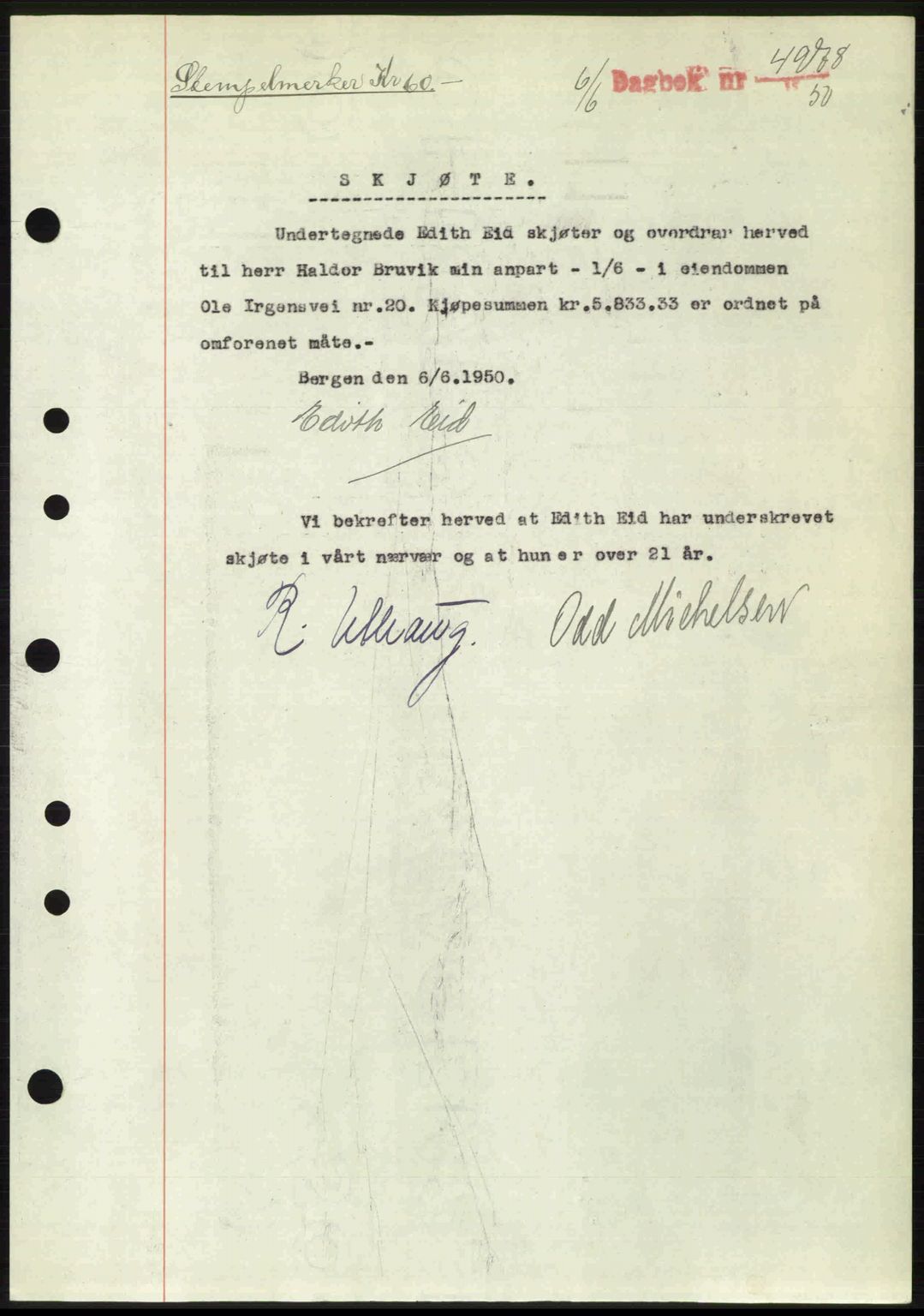 Byfogd og Byskriver i Bergen, AV/SAB-A-3401/03/03Bc/L0033: Mortgage book no. A26-27, 1950-1950, Diary no: : 4978/1950