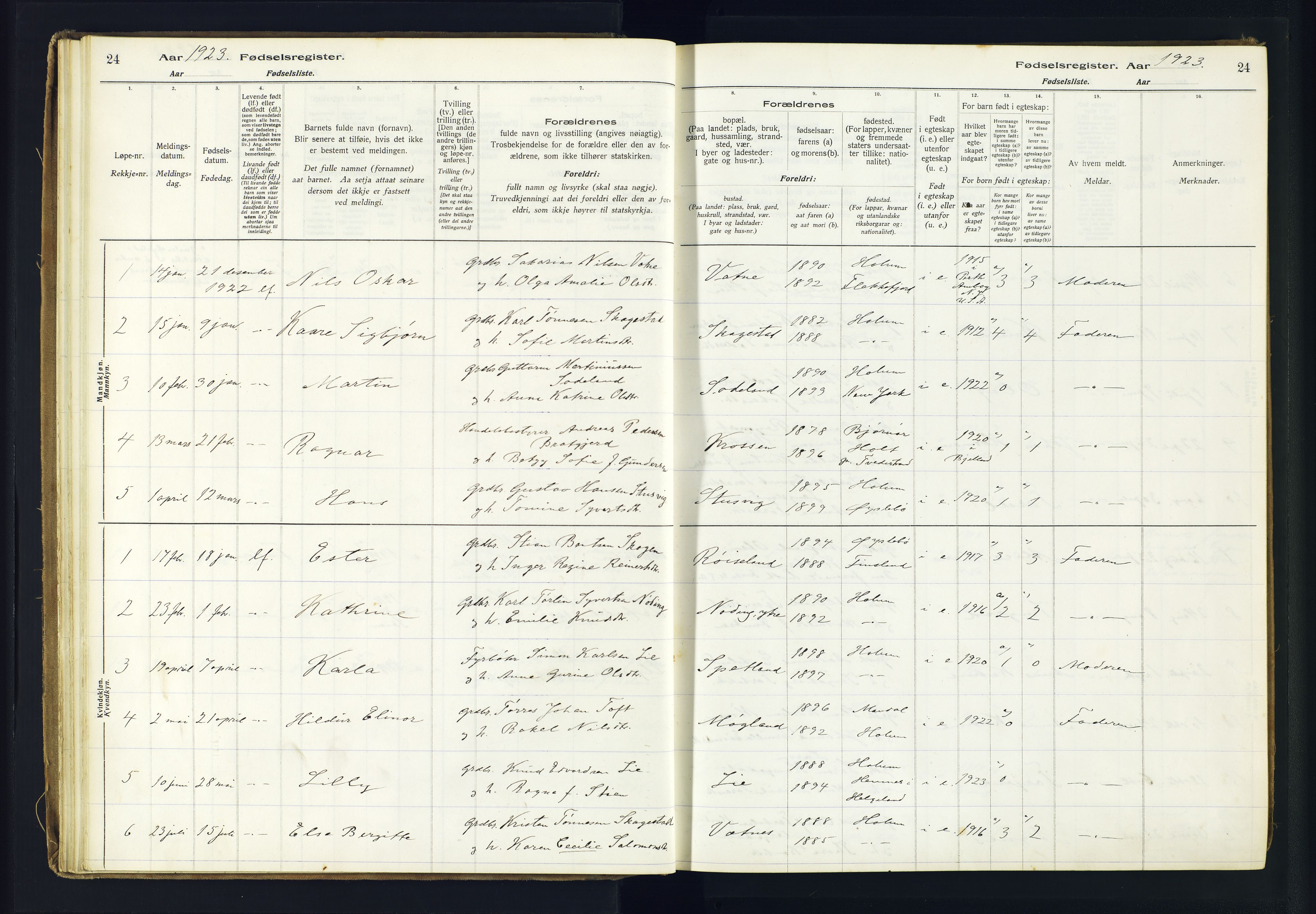 Holum sokneprestkontor, SAK/1111-0022/J/Ja/L0003: Birth register no. II.6.12, 1916-1982, p. 24