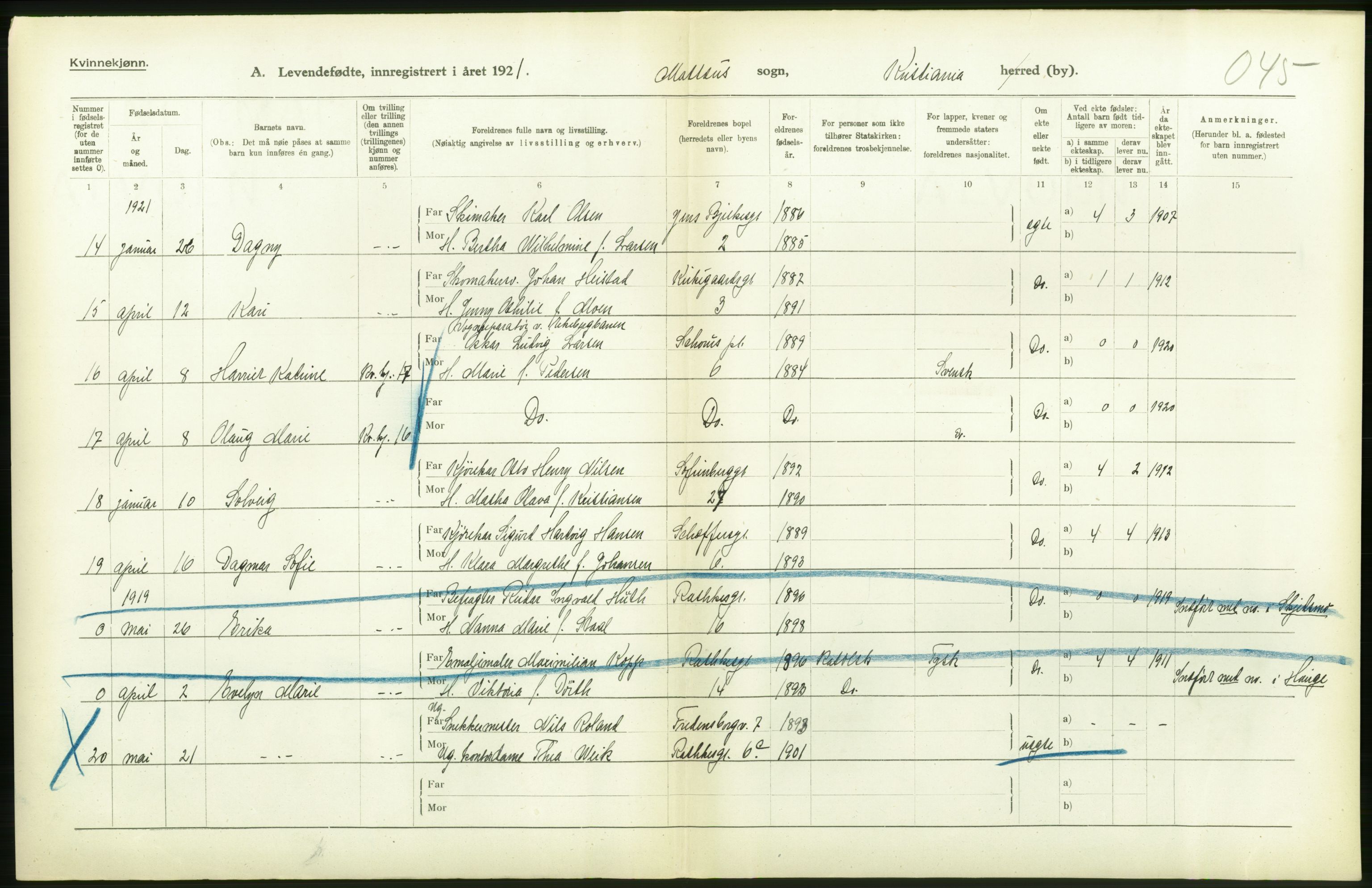 Statistisk sentralbyrå, Sosiodemografiske emner, Befolkning, AV/RA-S-2228/D/Df/Dfc/Dfca/L0008: Kristiania: Levendefødte menn og kvinner., 1921, p. 154