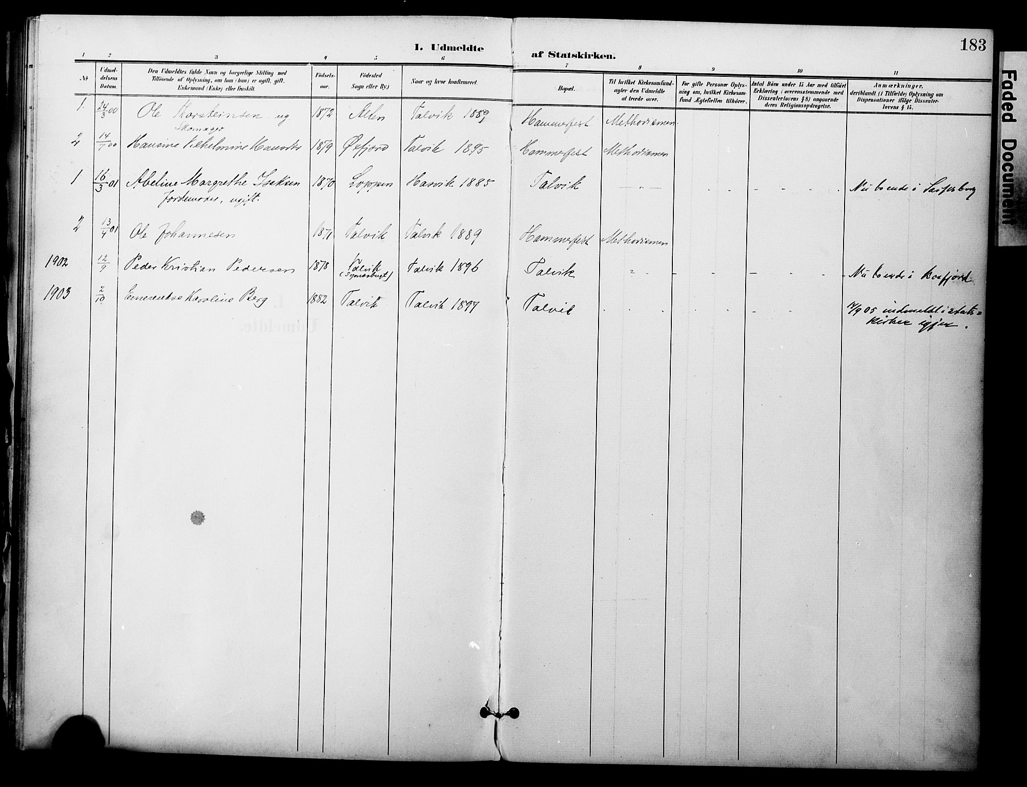 Talvik sokneprestkontor, SATØ/S-1337/H/Ha/L0014kirke: Parish register (official) no. 14, 1897-1905, p. 183