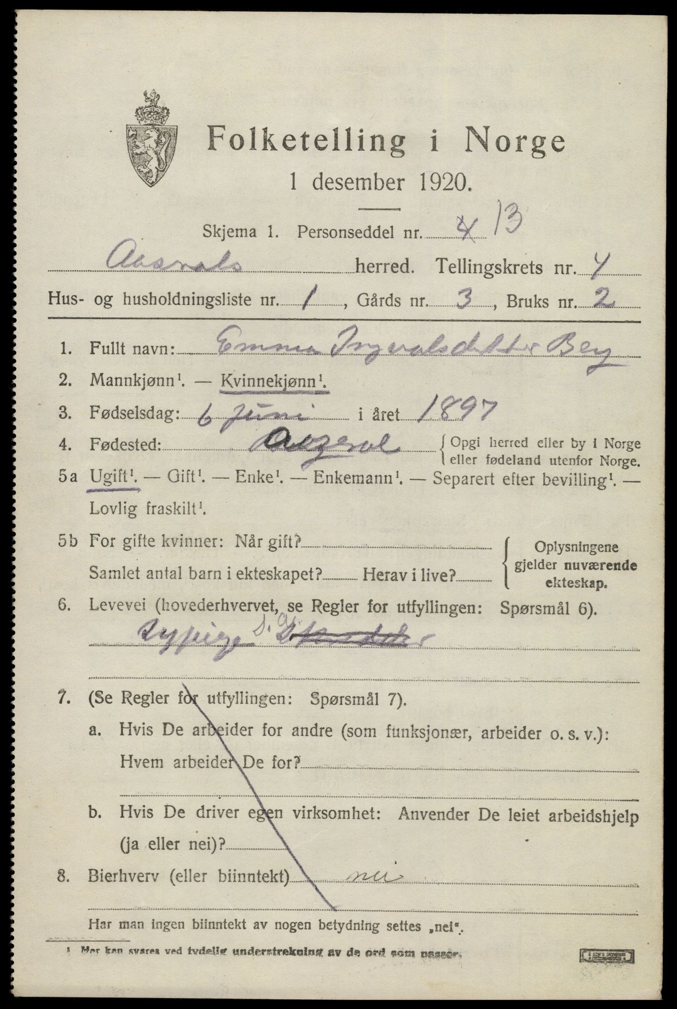 SAK, 1920 census for Åseral, 1920, p. 1210