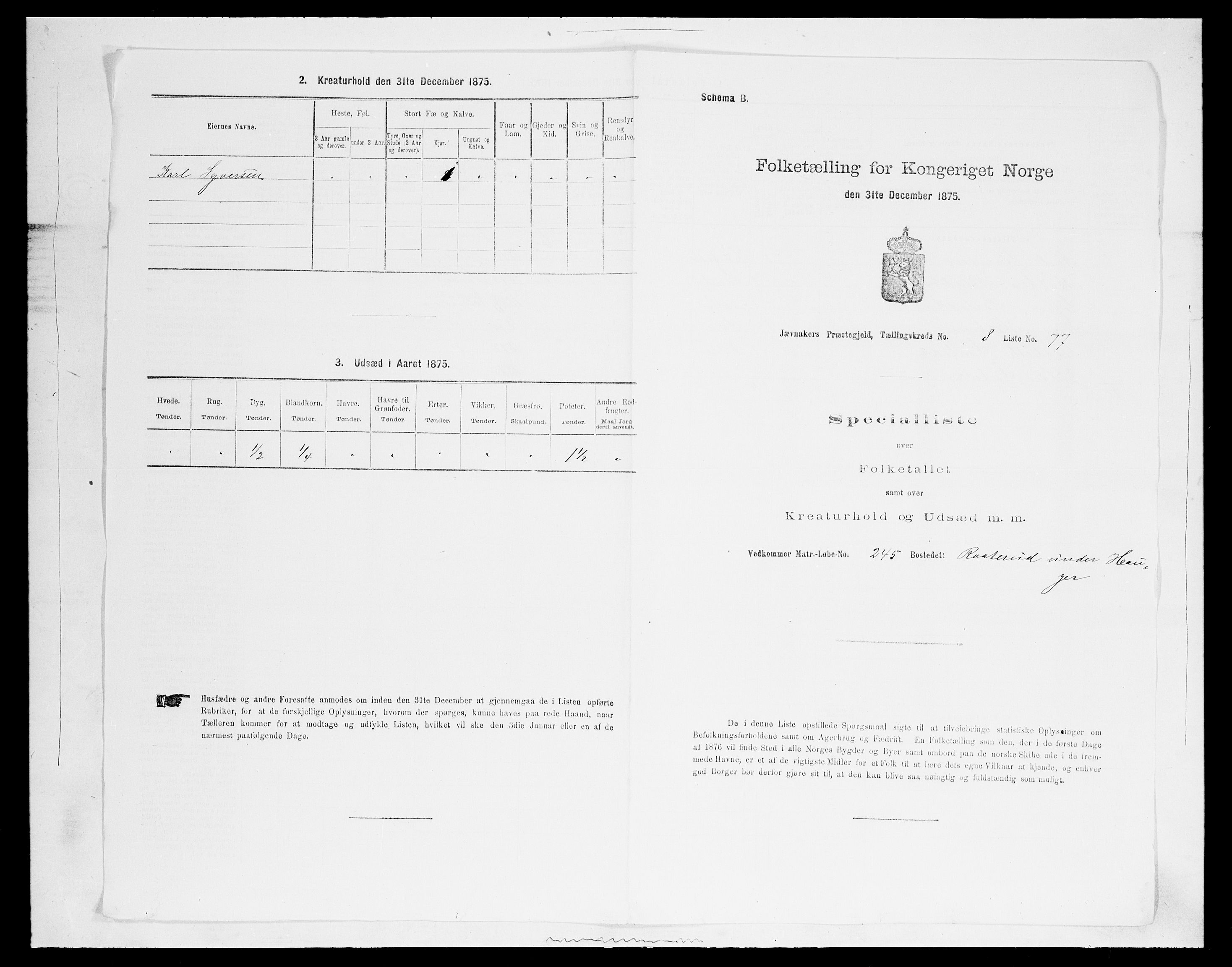 SAH, 1875 census for 0532P Jevnaker, 1875, p. 1491
