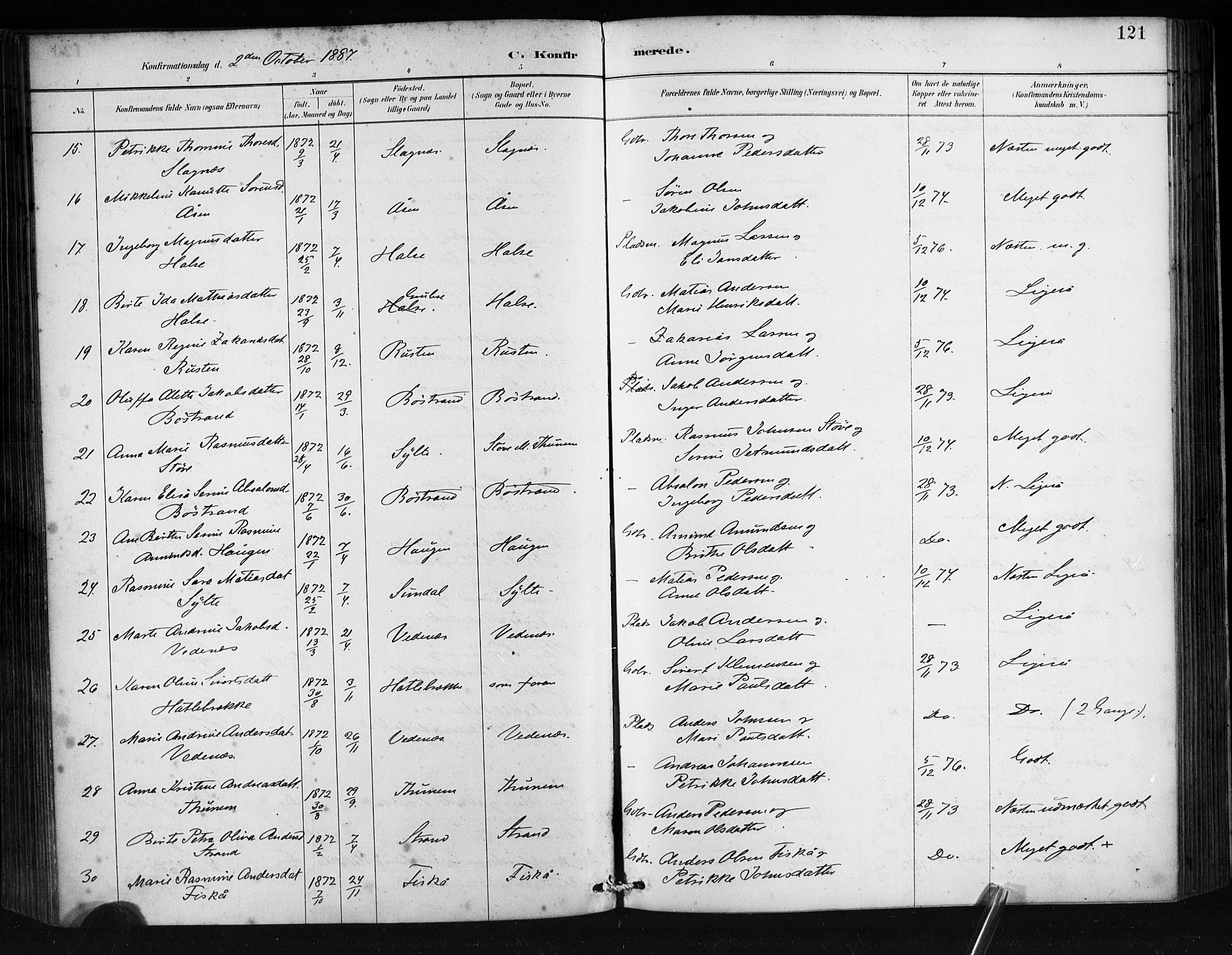 Ministerialprotokoller, klokkerbøker og fødselsregistre - Møre og Romsdal, AV/SAT-A-1454/501/L0008: Parish register (official) no. 501A08, 1885-1901, p. 121