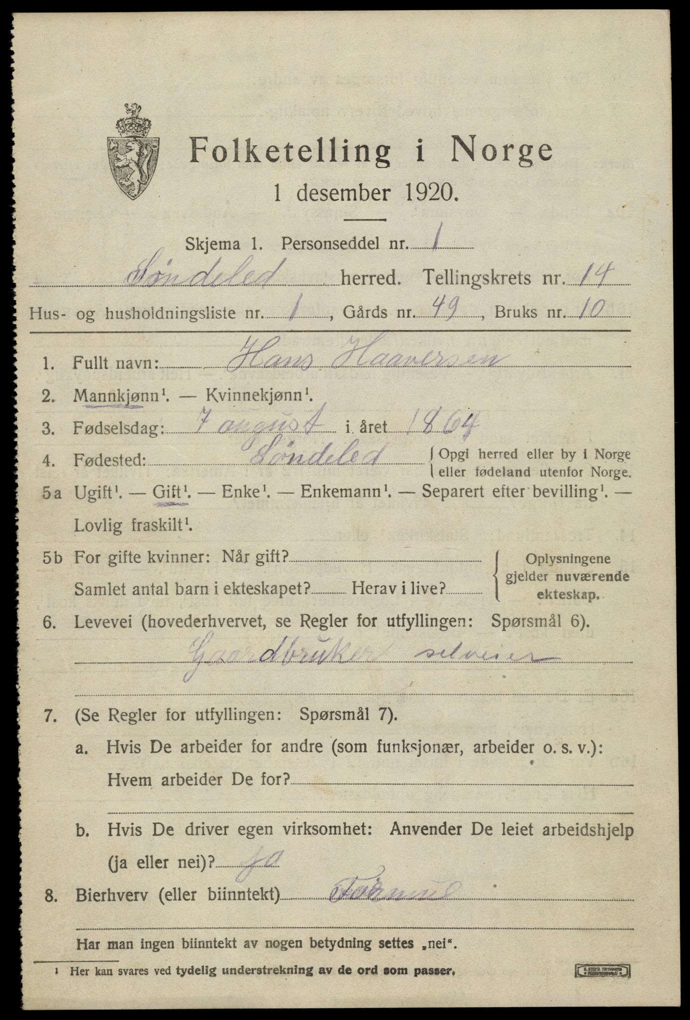 SAK, 1920 census for Søndeled, 1920, p. 6449