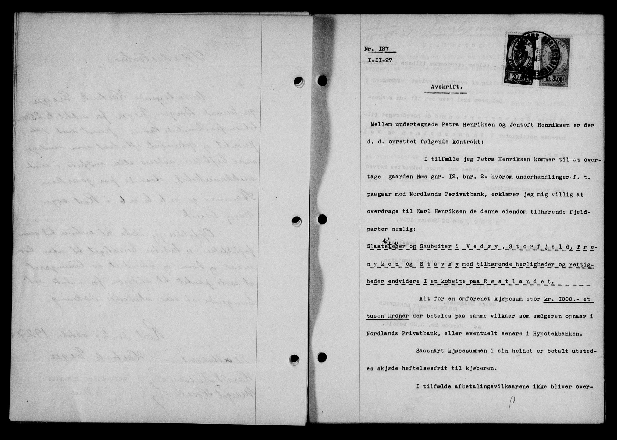 Lofoten sorenskriveri, AV/SAT-A-0017/1/2/2C/L0016b: Mortgage book no. 16b, 1927-1927, Deed date: 01.11.1927