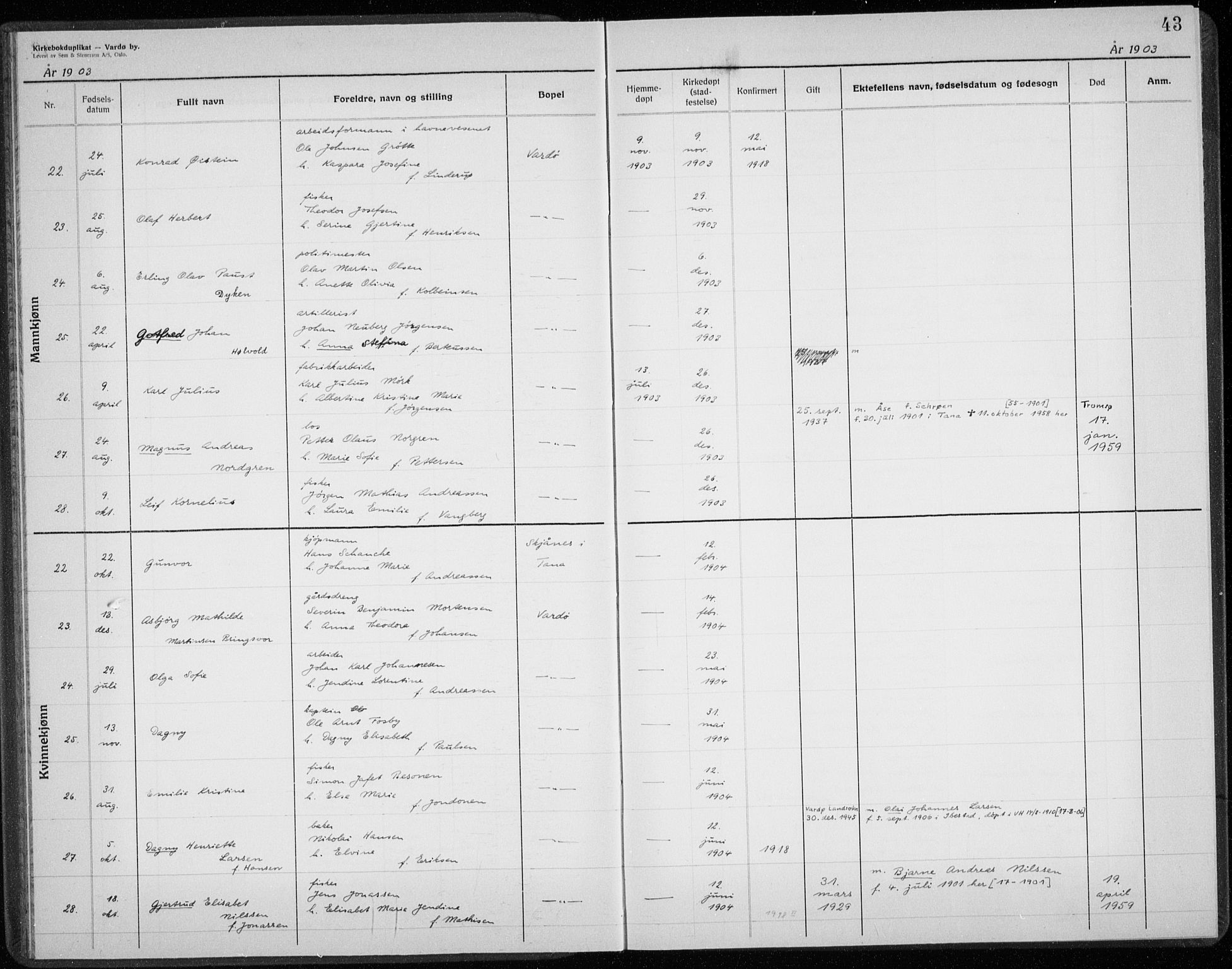 Vardø sokneprestkontor, AV/SATØ-S-1332/H/Hc/L0001kirkerekon: Other parish register no. 1, 1900-1914, p. 43