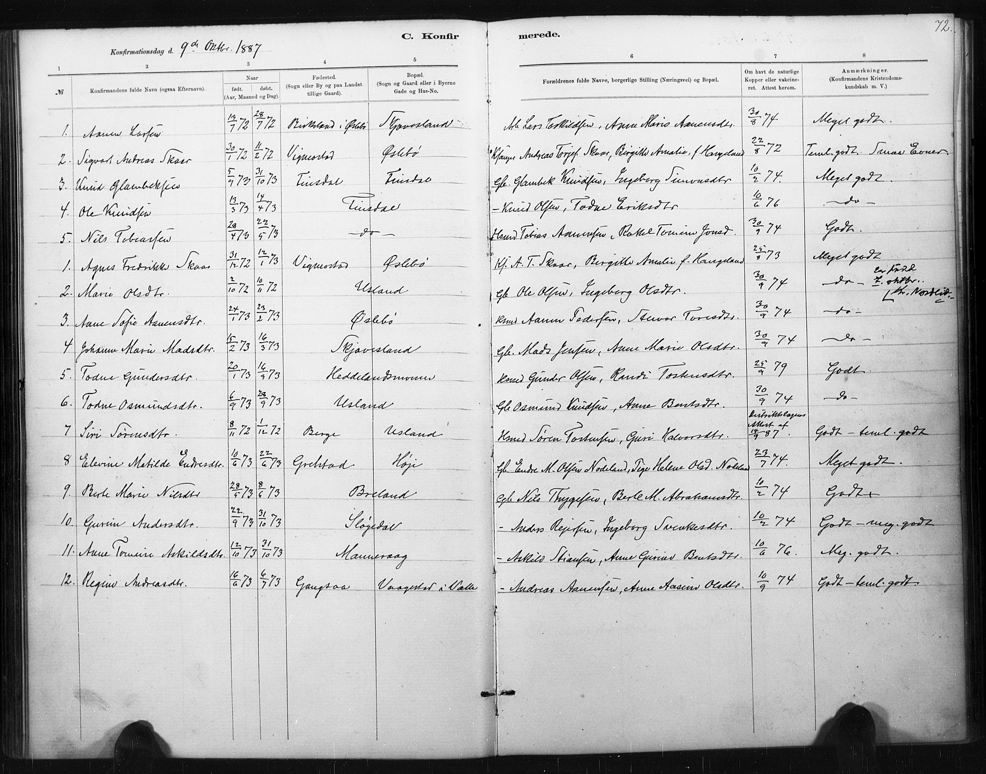 Holum sokneprestkontor, AV/SAK-1111-0022/F/Fa/Fac/L0004: Parish register (official) no. A 4, 1884-1907, p. 72