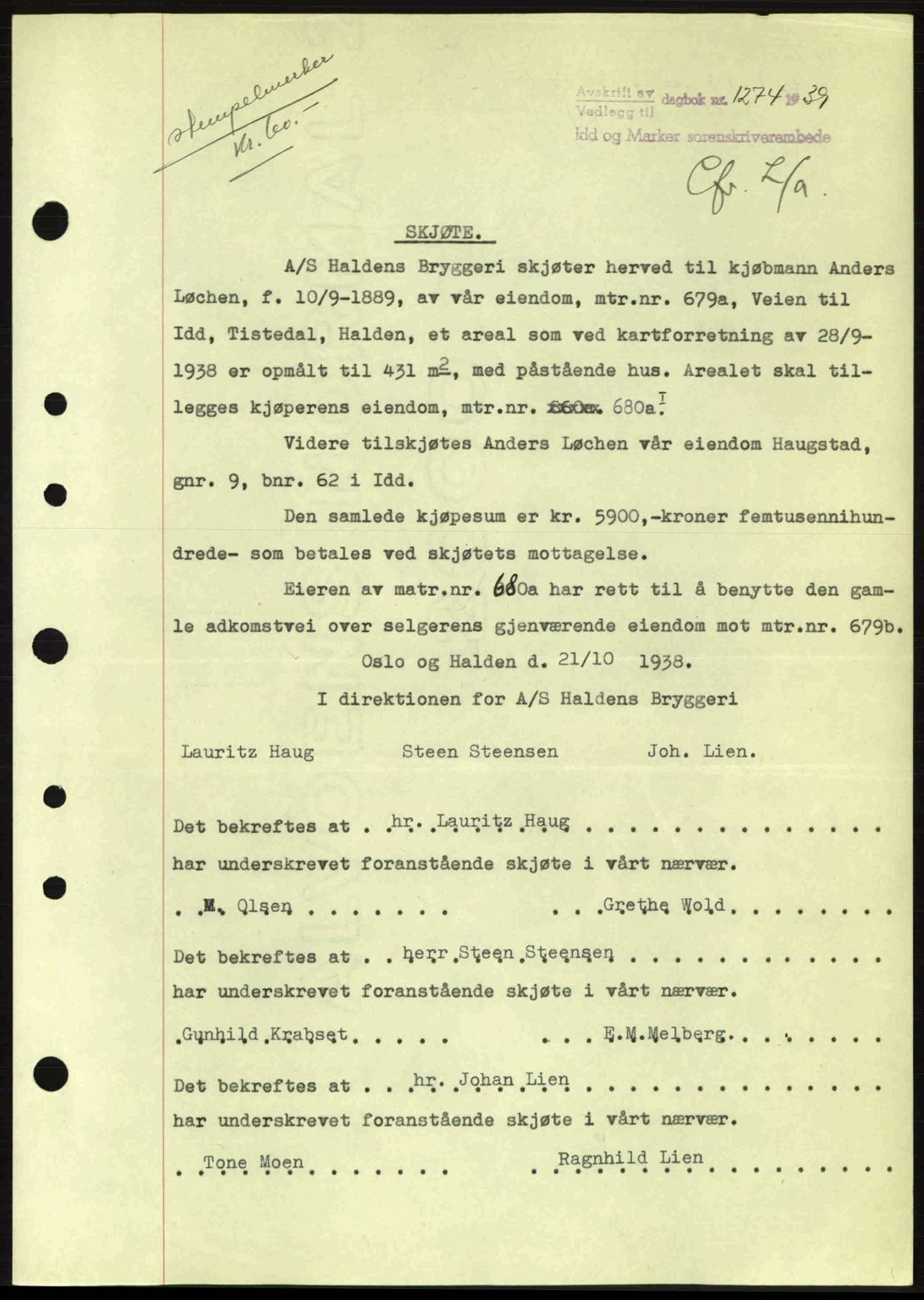 Idd og Marker sorenskriveri, AV/SAO-A-10283/G/Gb/Gbb/L0003: Mortgage book no. A3, 1938-1939, Diary no: : 1274/1939