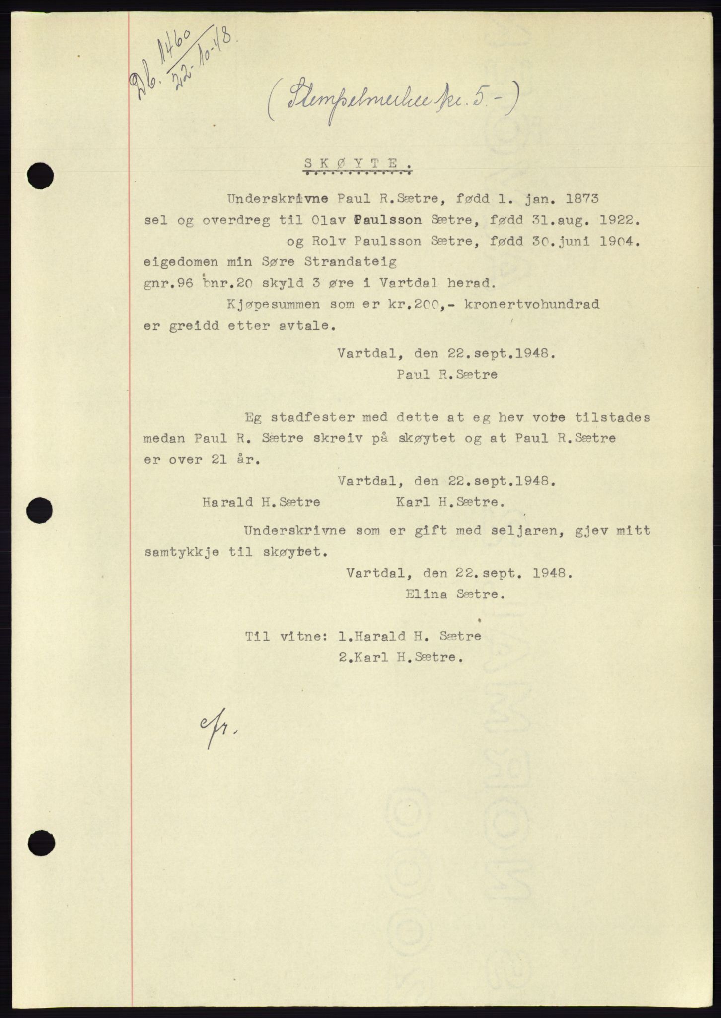 Søre Sunnmøre sorenskriveri, AV/SAT-A-4122/1/2/2C/L0083: Mortgage book no. 9A, 1948-1949, Diary no: : 1460/1948