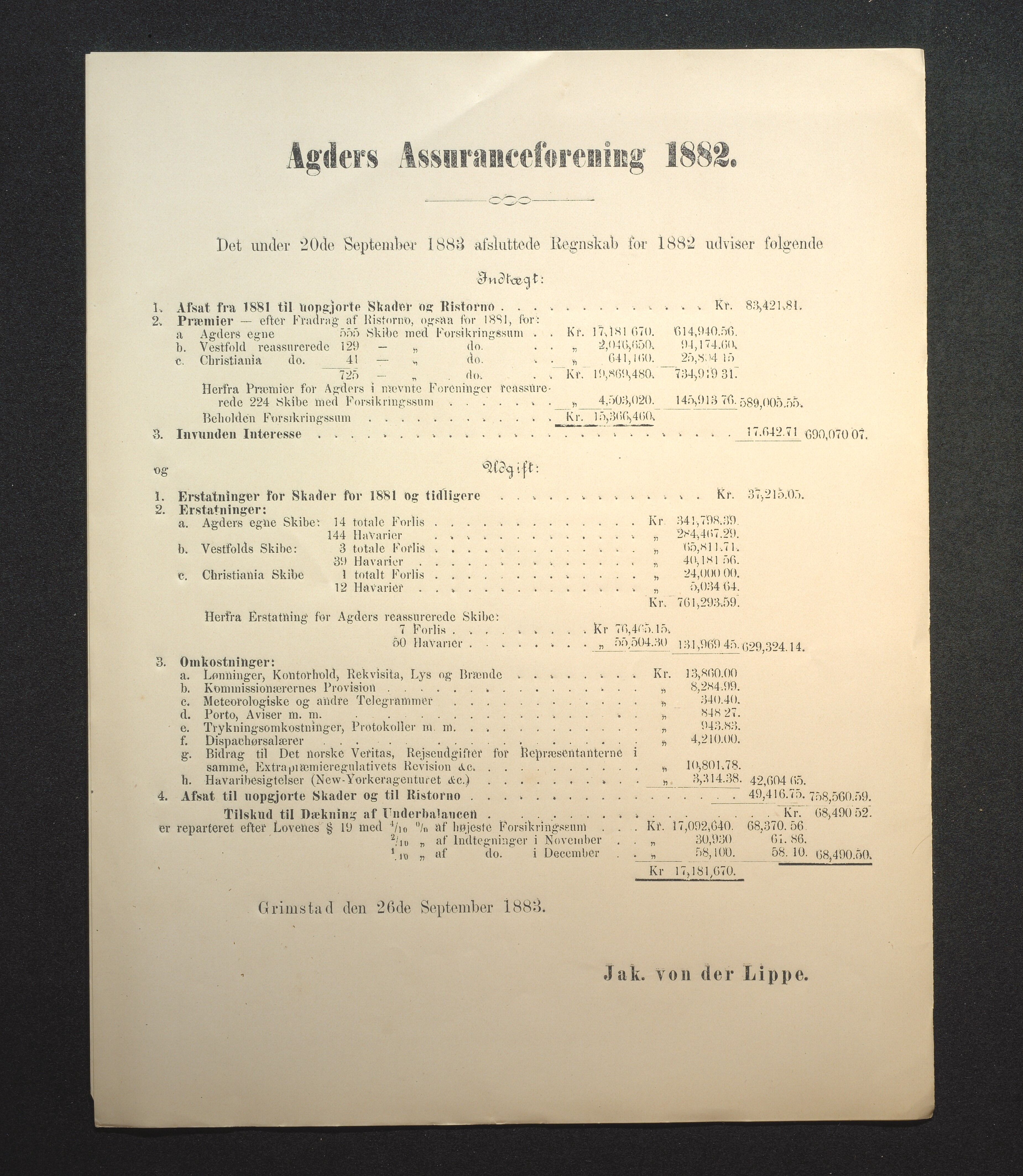 Agders Gjensidige Assuranceforening, AAKS/PA-1718/05/L0002: Regnskap, seilavdeling, pakkesak, 1881-1889