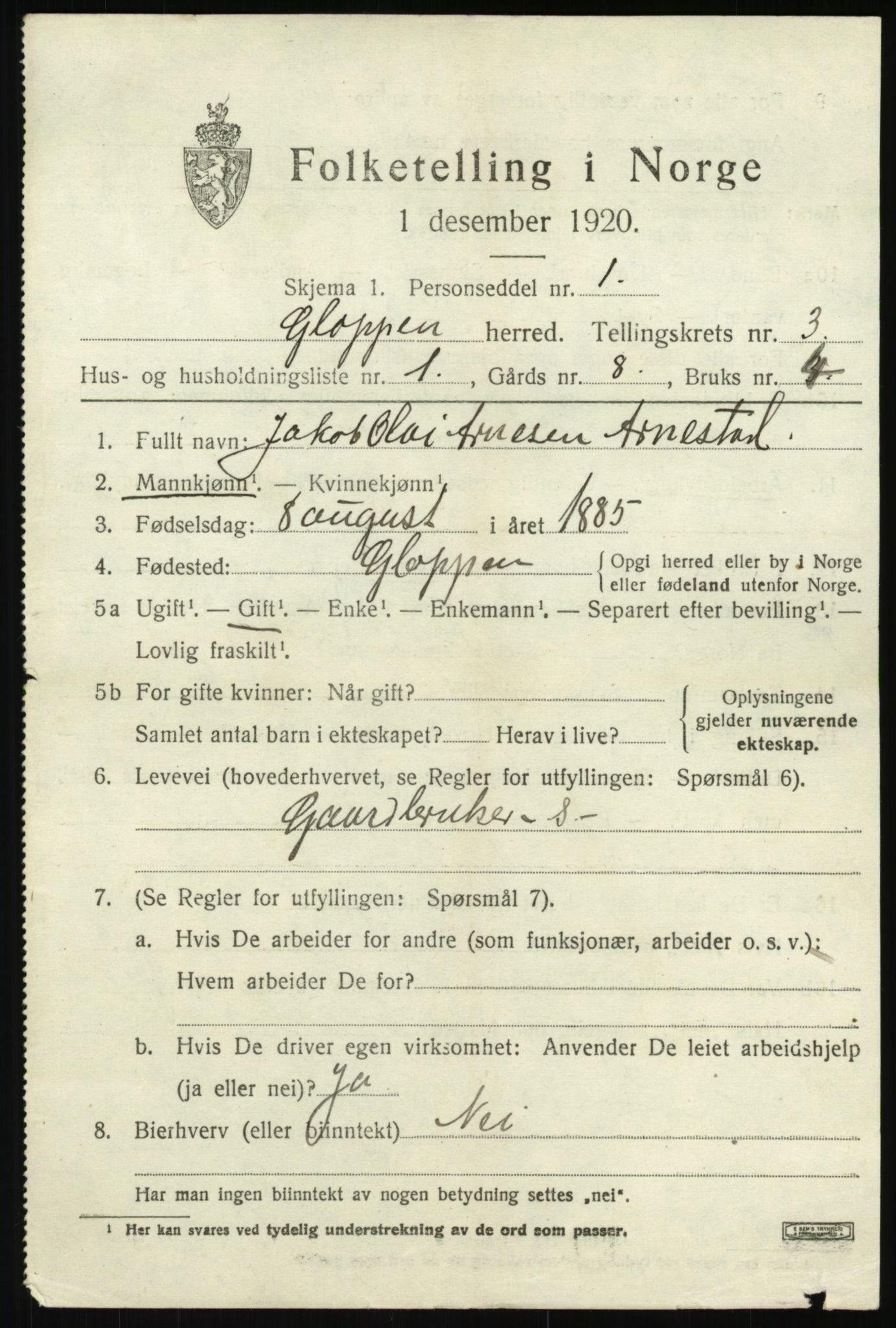 SAB, 1920 census for Gloppen, 1920, p. 1714