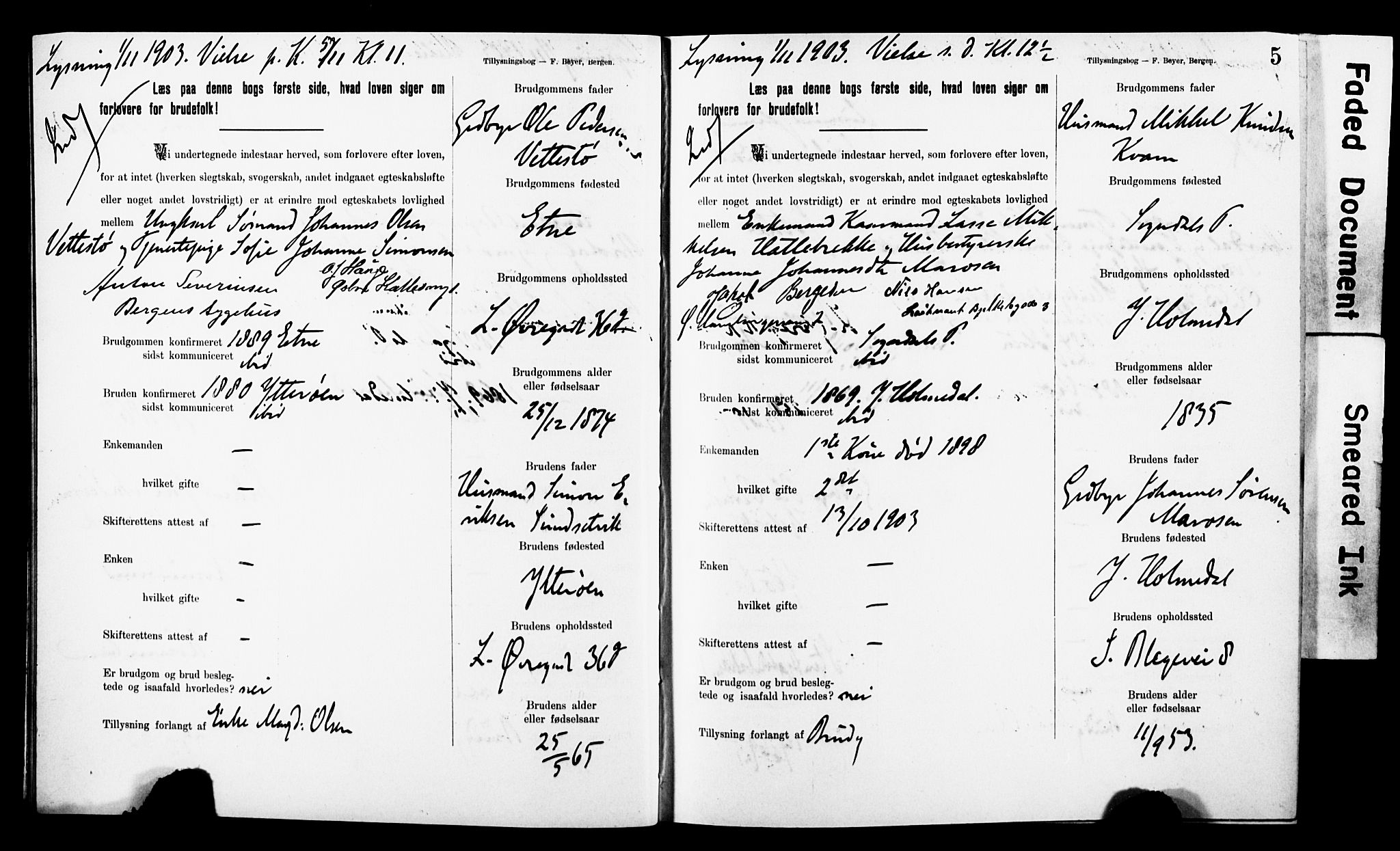 Korskirken sokneprestembete, AV/SAB-A-76101: Best man's statements no. II.5.8, 1903-1908, p. 5