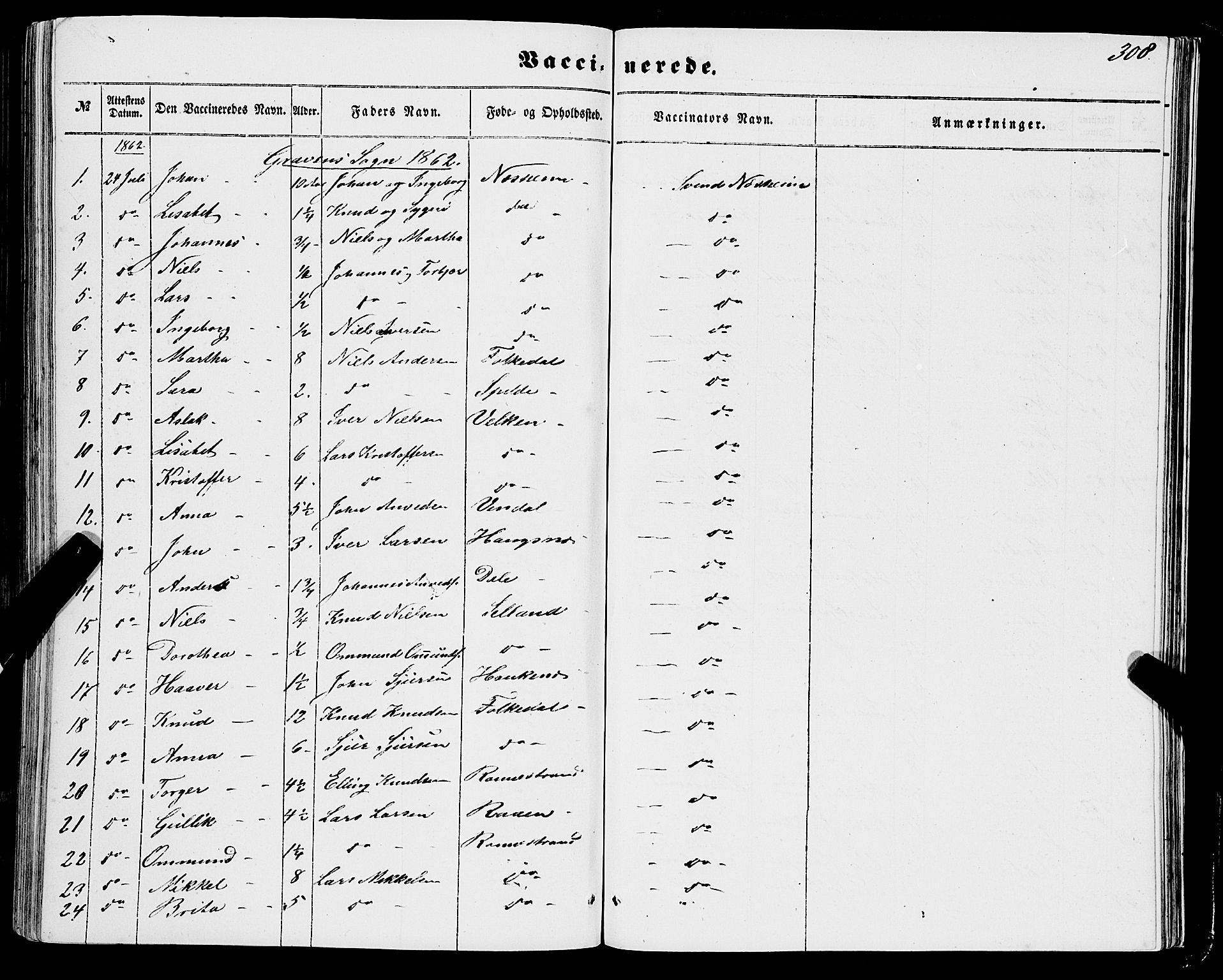 Ulvik sokneprestembete, AV/SAB-A-78801/H/Haa: Parish register (official) no. A 13, 1853-1863, p. 308